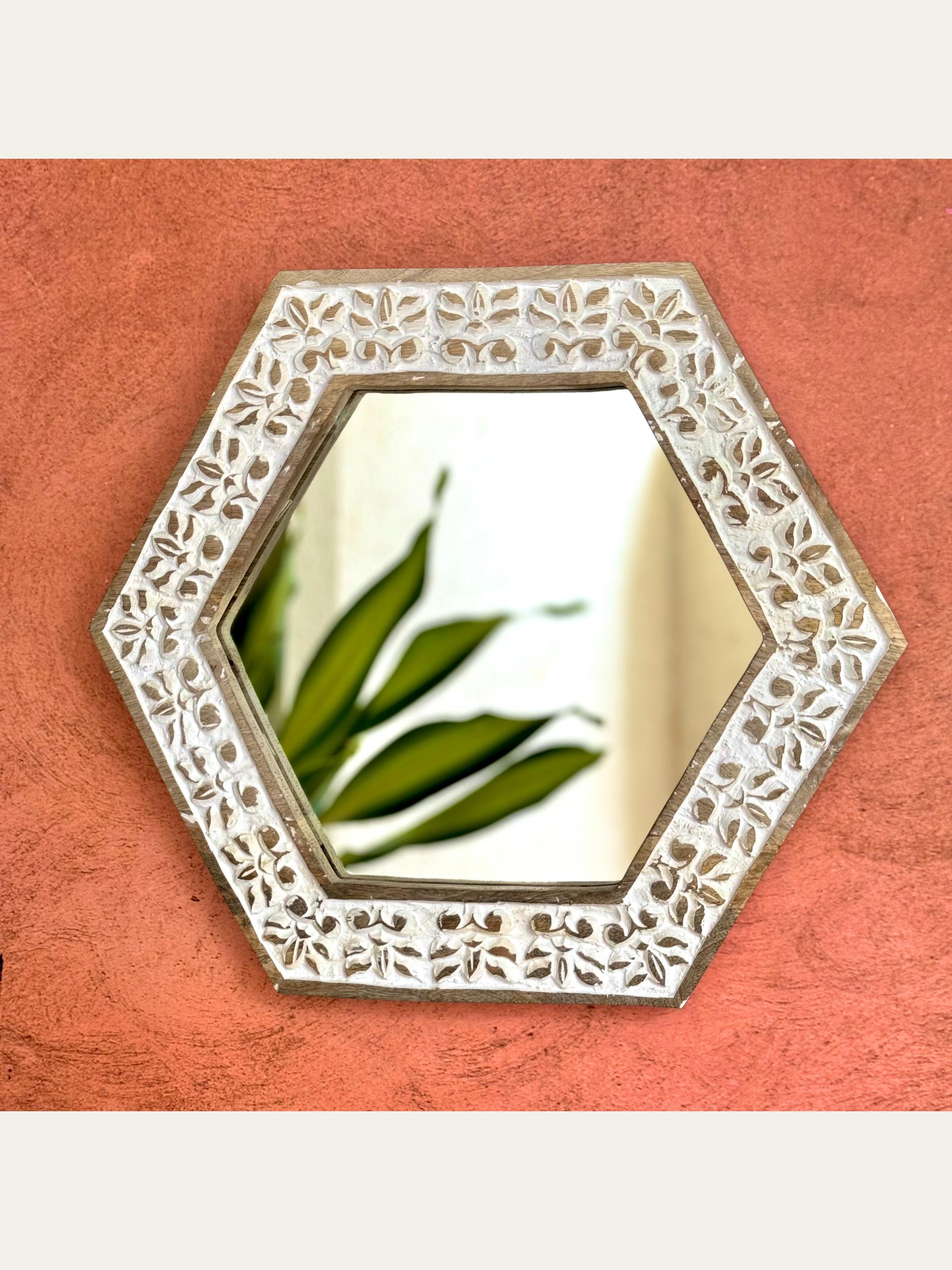 Carved Wooden Hexagon Wall Mirror White