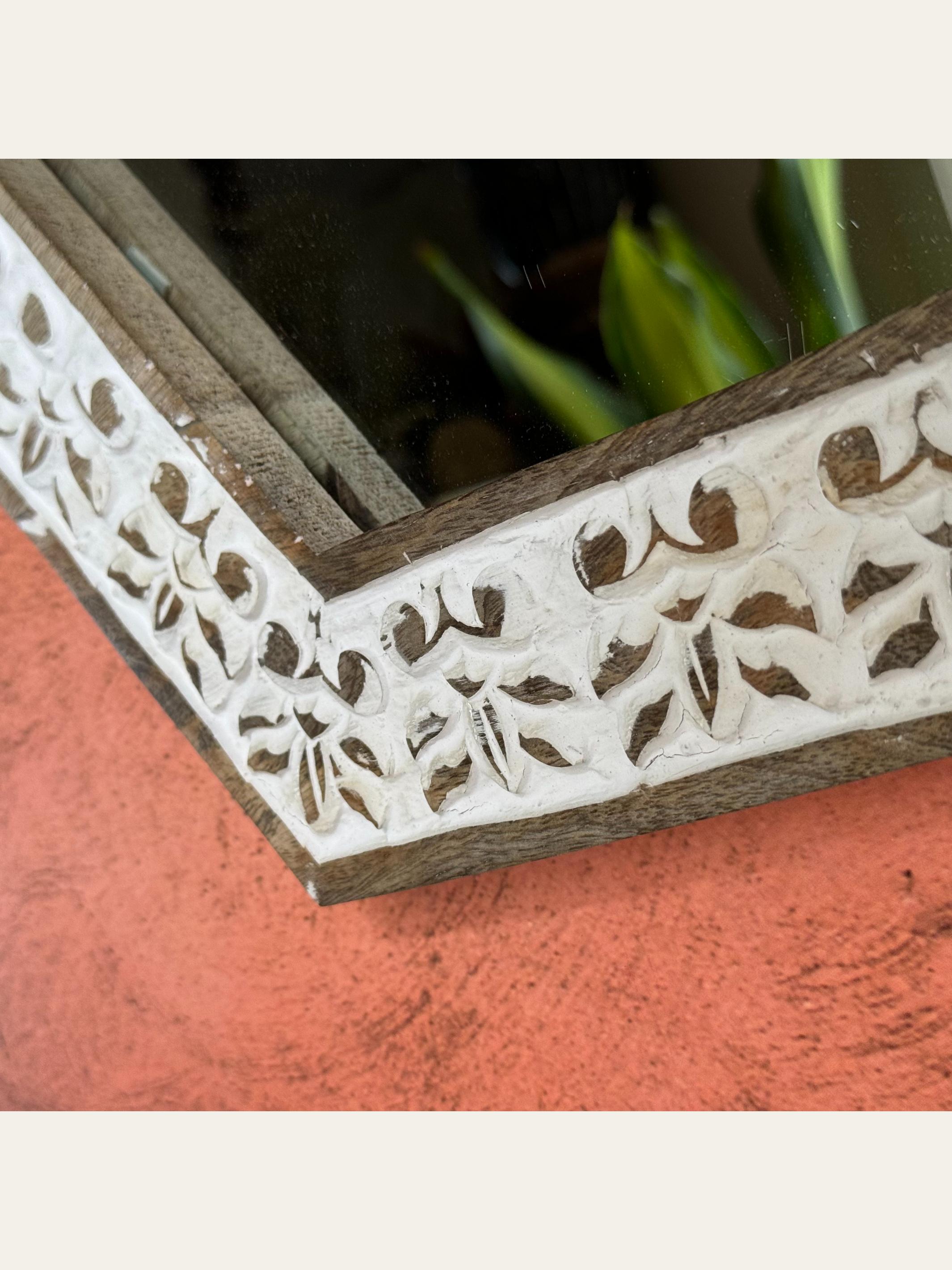 Carved Wooden Hexagon Wall Mirror White