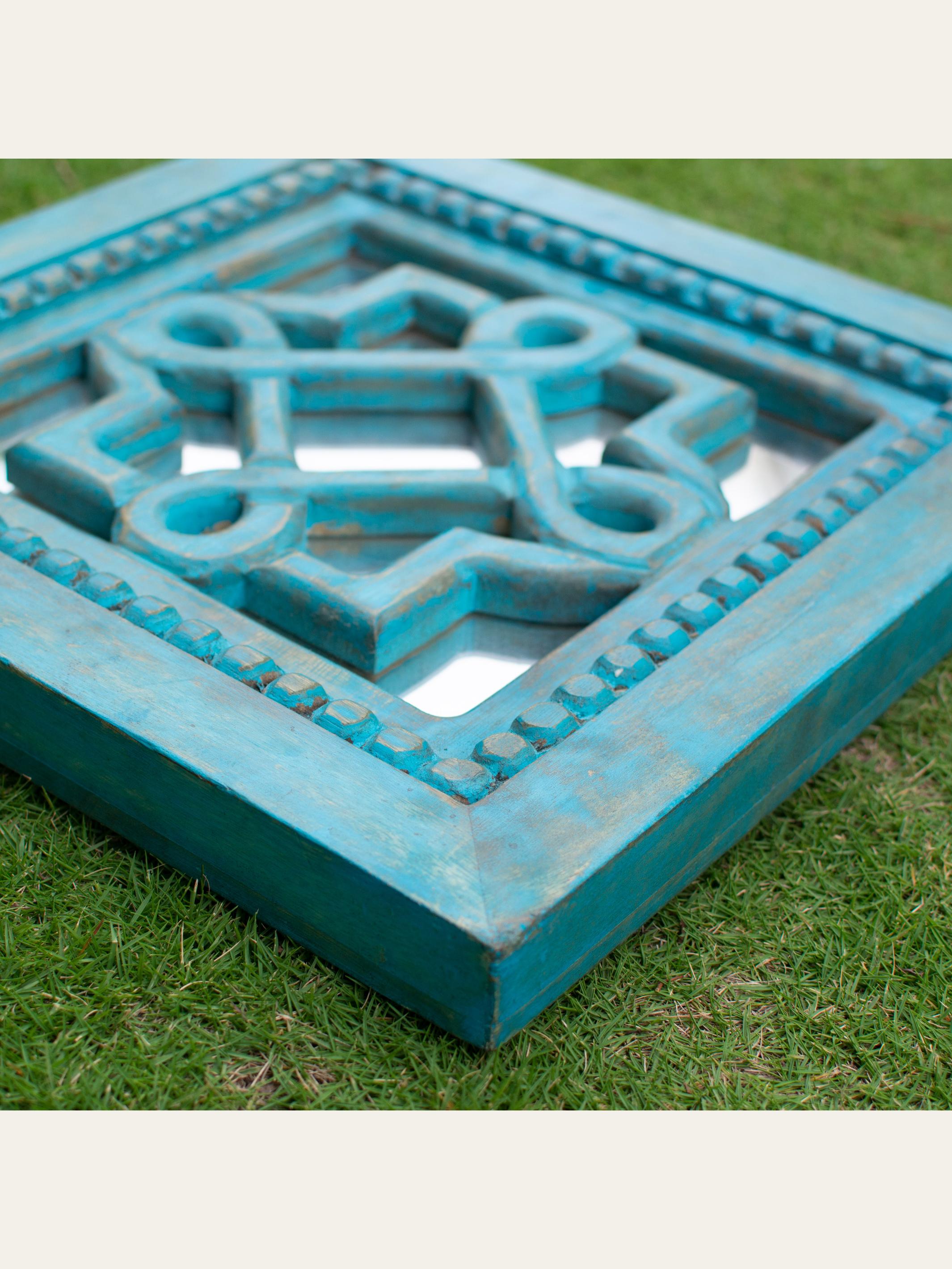 Carved Wooden Jaali Mirror Blue