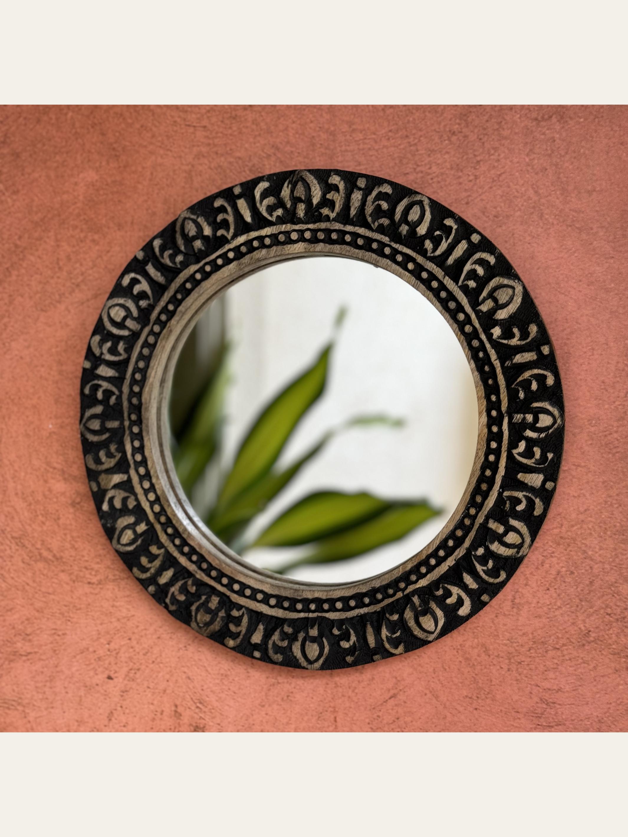 Carved Wooden Round Wall Mirror