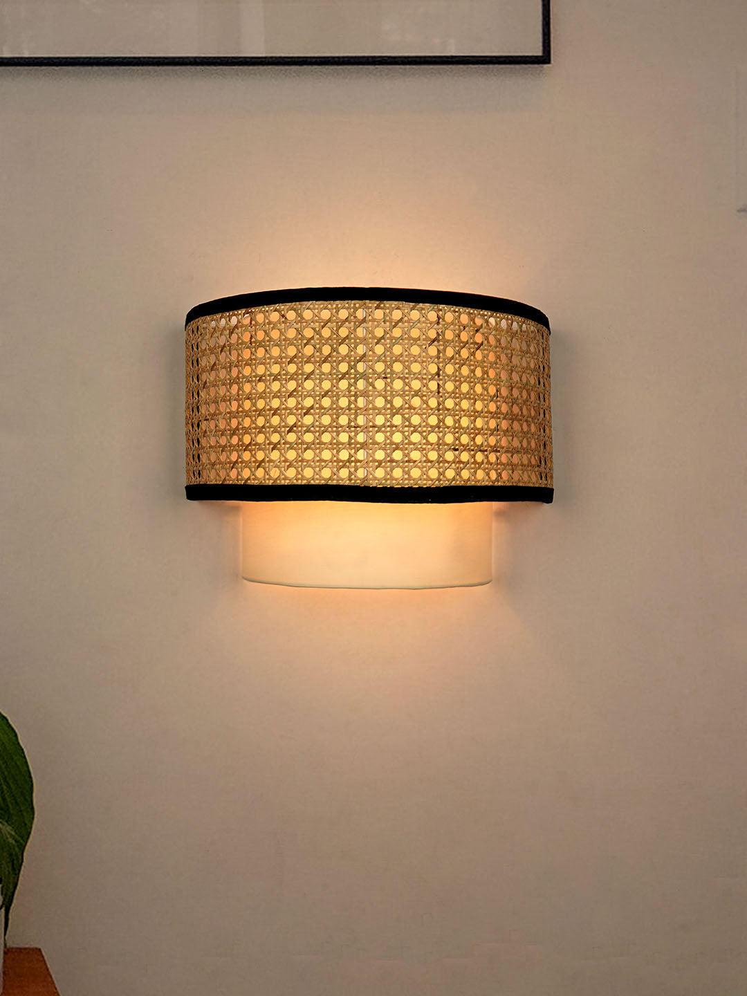 Concentric Cane & Fabric Half Drum Shade Contemporary Single Wall lamp