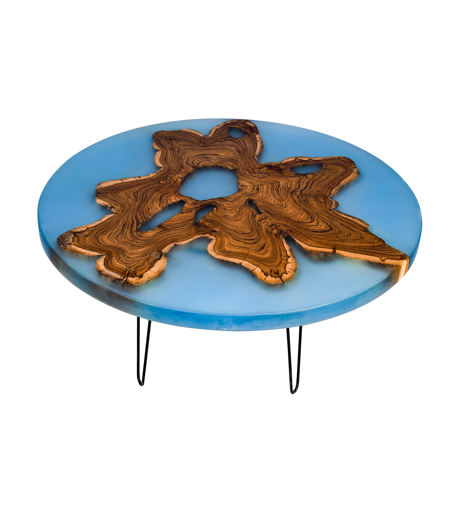 Round Coffee Table – Teak Wood with Special Blue Resin Finish