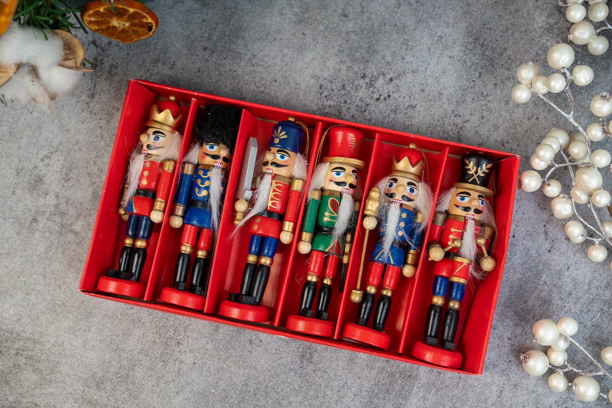 Set of 6 Wooden Nutcracker Christmas Ornaments