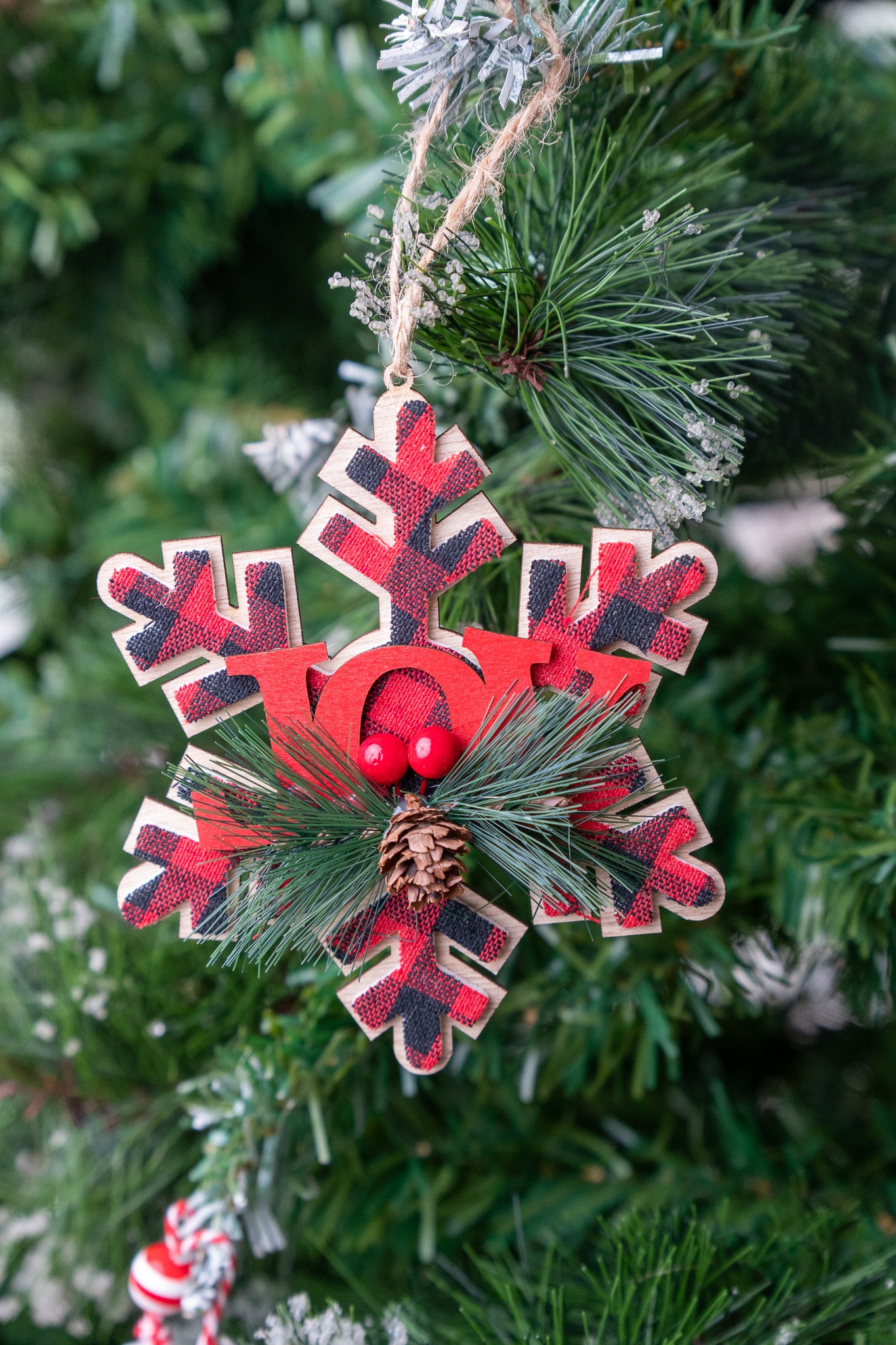 Buffalo Plaid JOY Snowflake Ornament set of 3