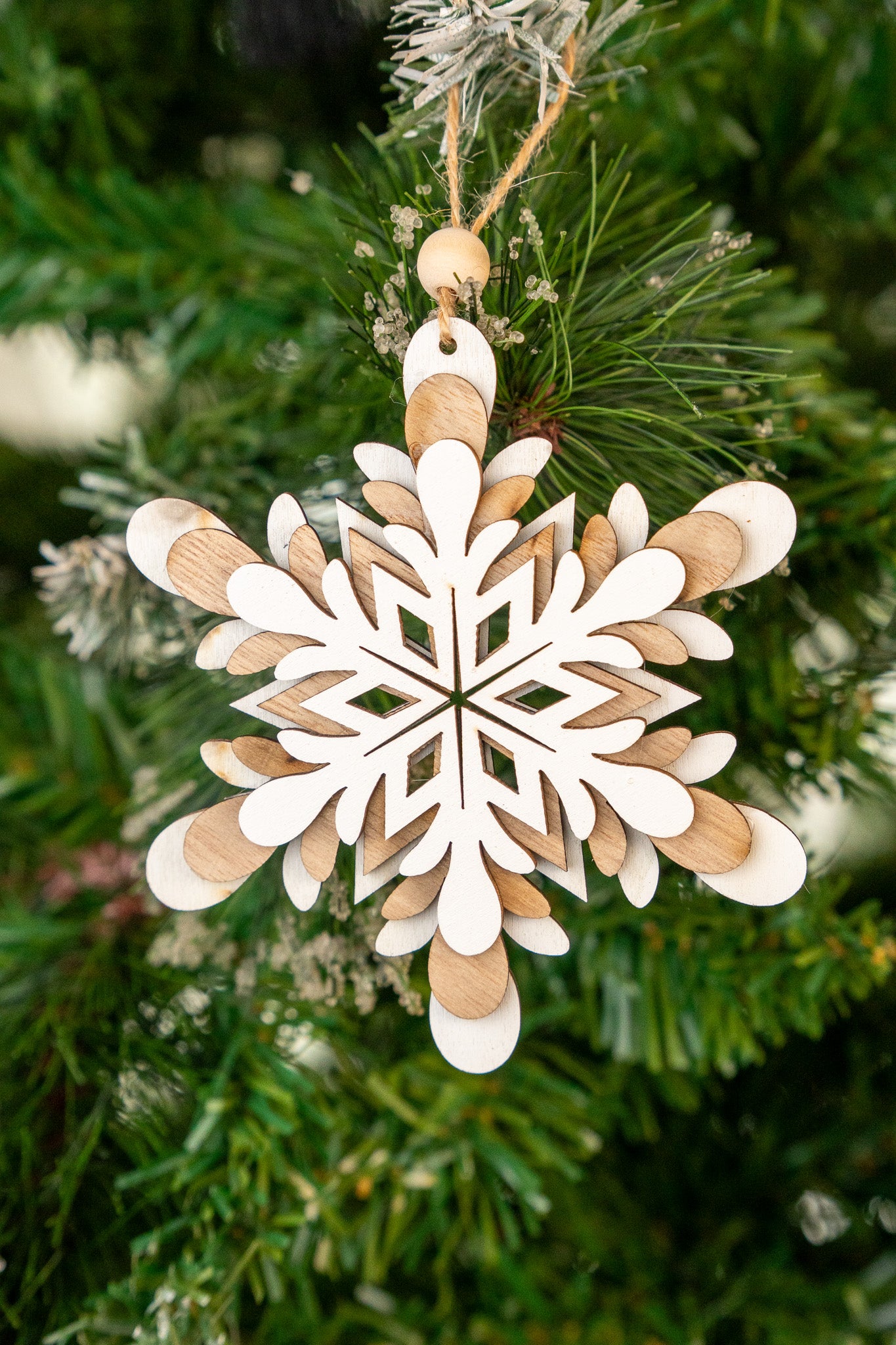 White & Wooden Layered Snowflake Ornament set of 3