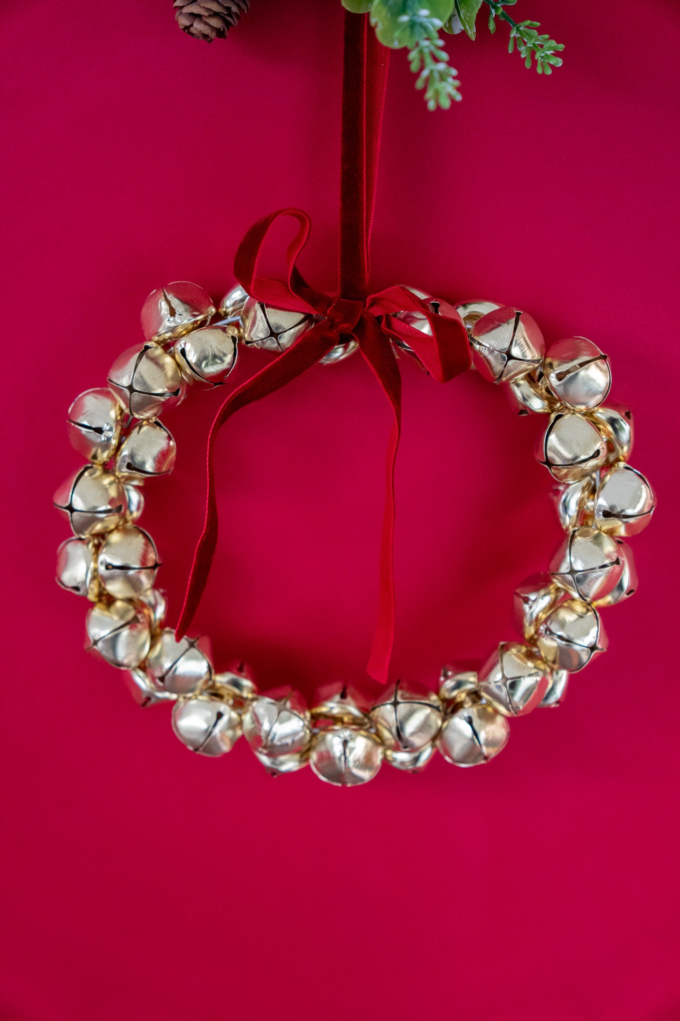 Gold Jingle Bell Wreath with Velvet Ribbon