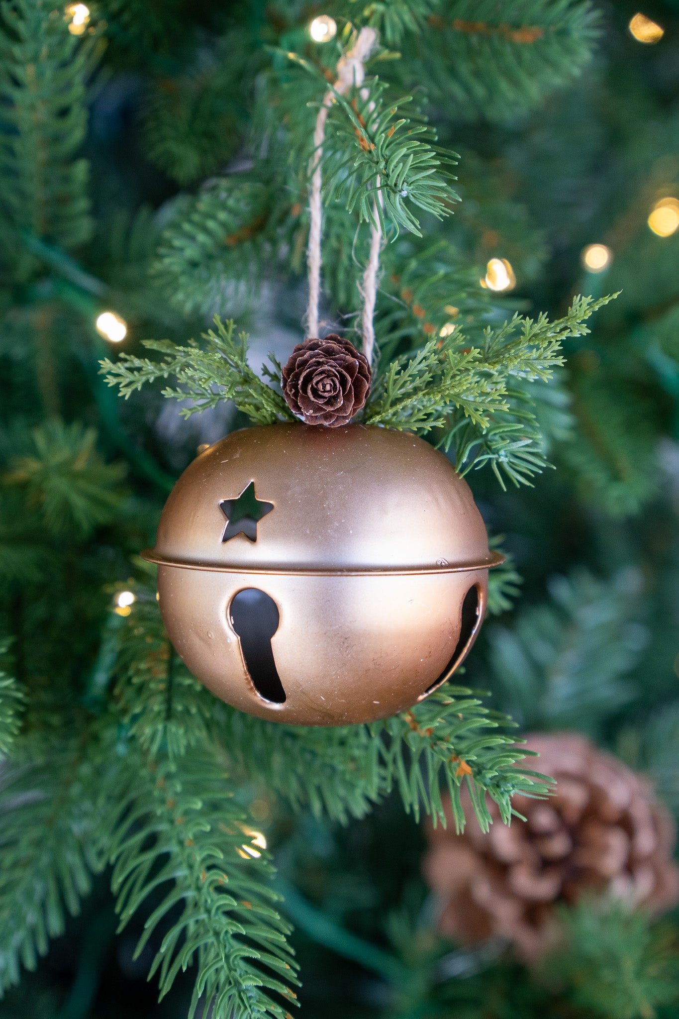 Large Antique Gold Jingle Bell Ornament with Pinecone set of 2