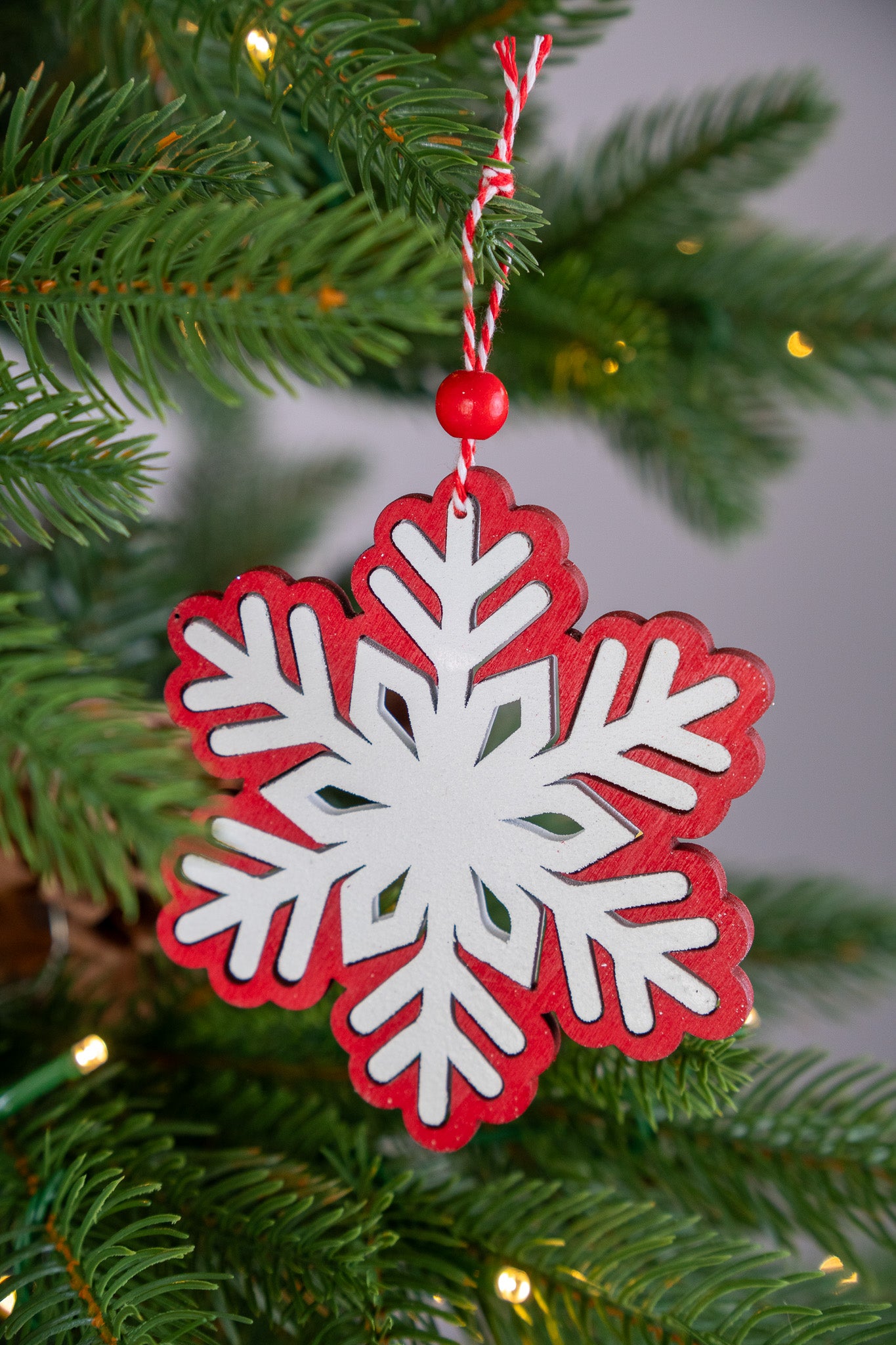 Red & White Wooden Snowflake Ornament set of 3