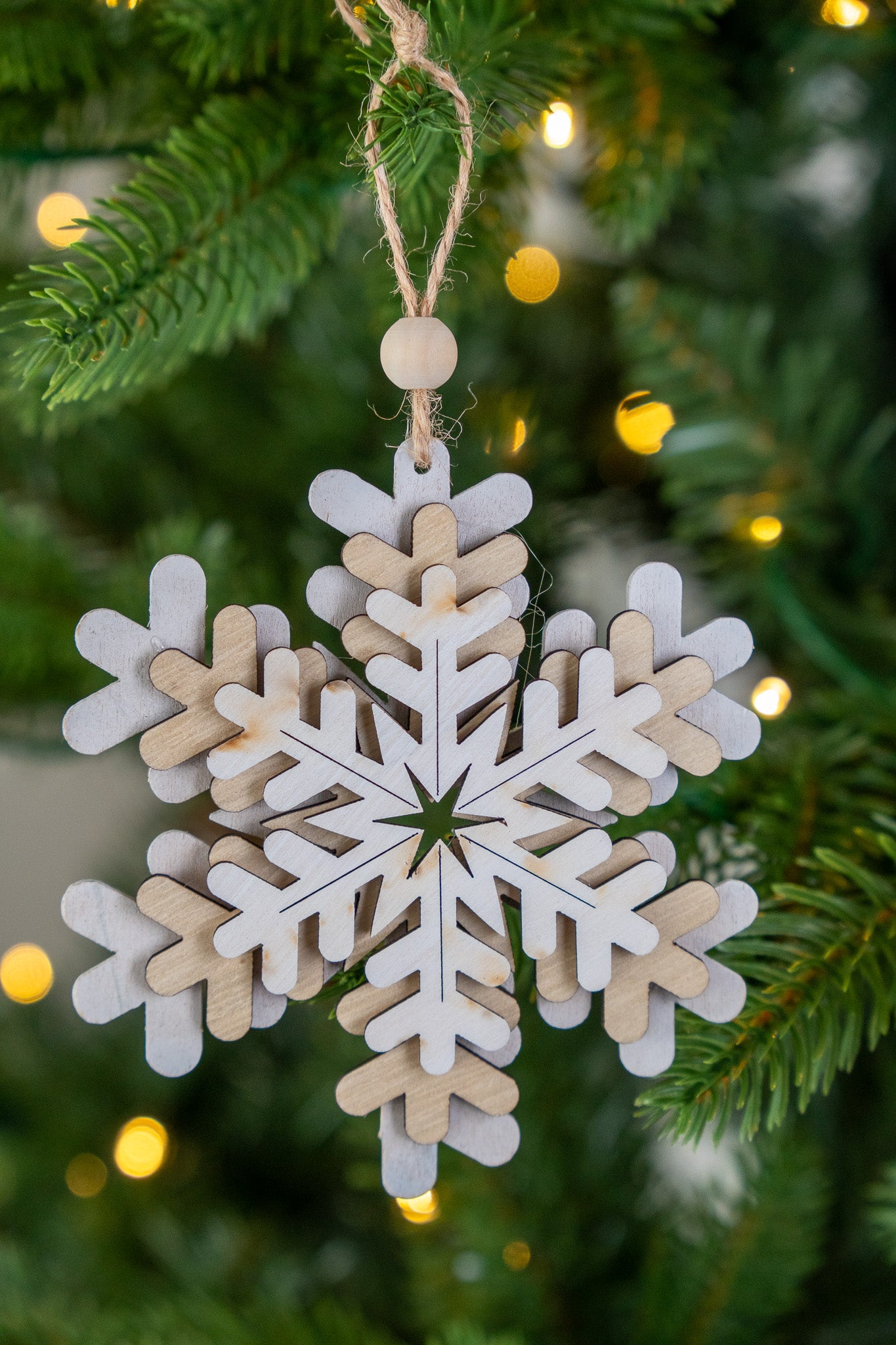 Wooden Layered Snowflake Ornament (White & Natural Finish) set of 3