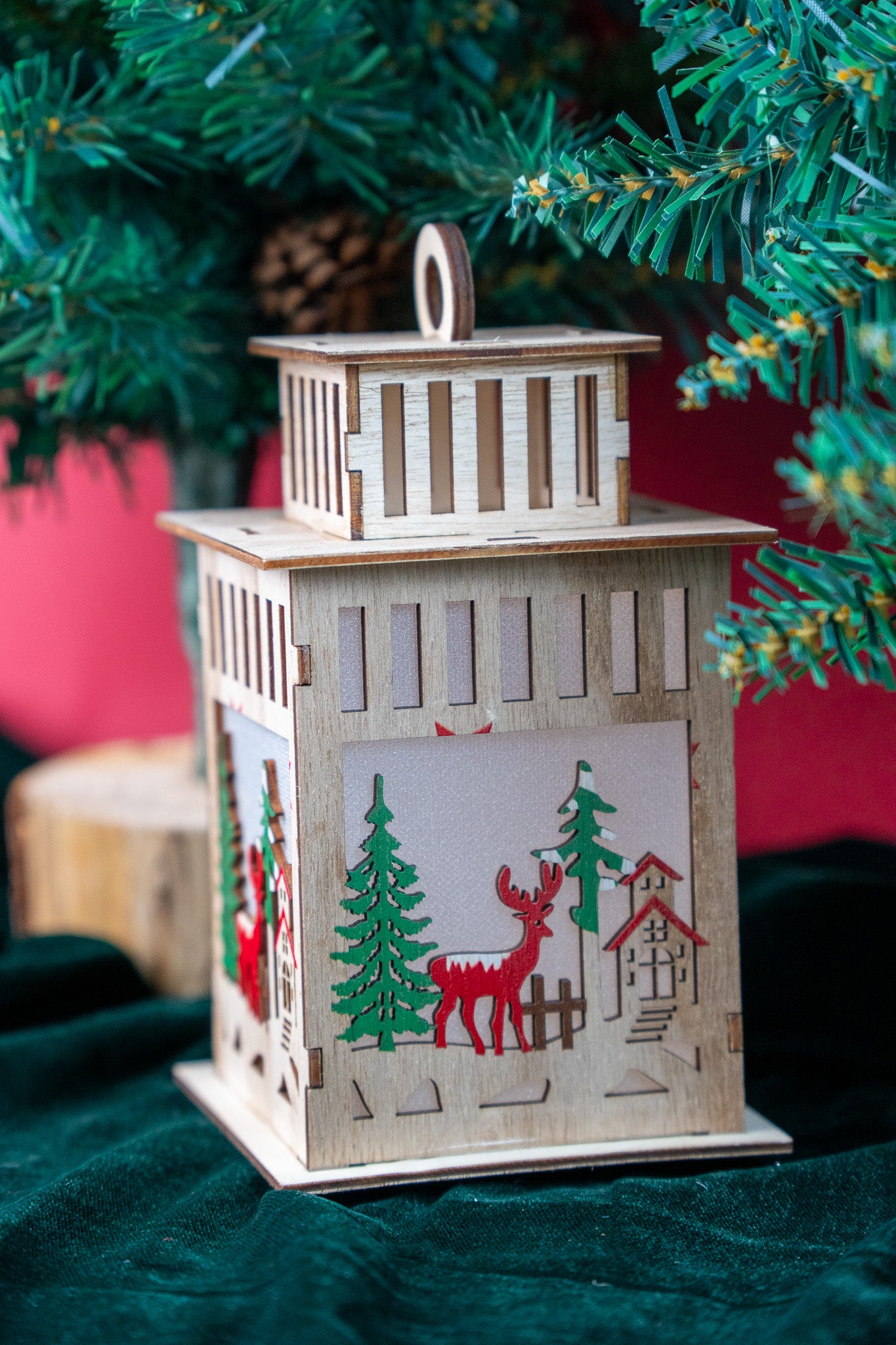 Wooden Christmas Lantern with Reindeer Cut-Outs