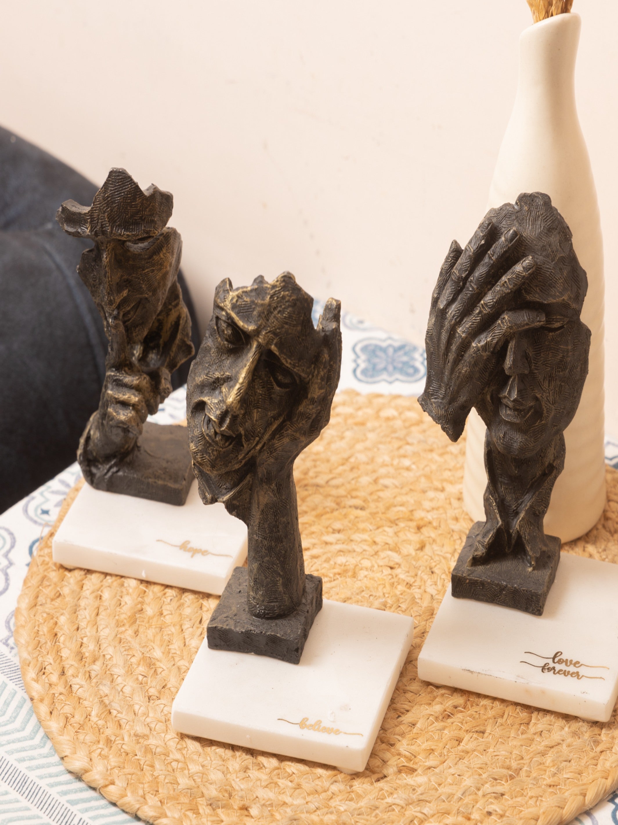 Face Design Showpiece Set of 3 – Hope Believe & Love Forever Sculptures with Marble Base – Elegant Home & Office Décor Accents