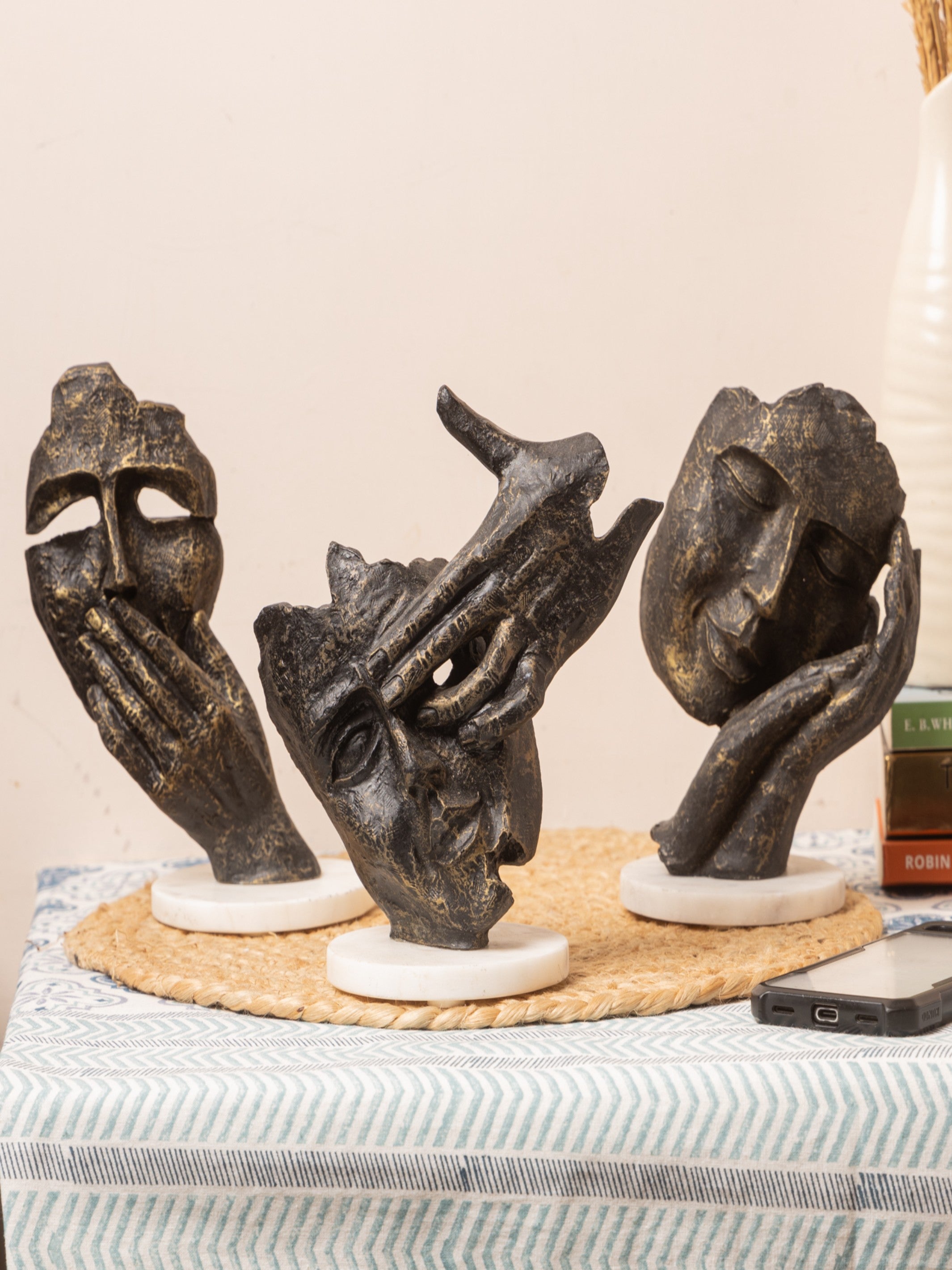 Face Design Showpiece Set of 3 – Small Size Abstract Sculptures with Marble Base for Home & Office Décor