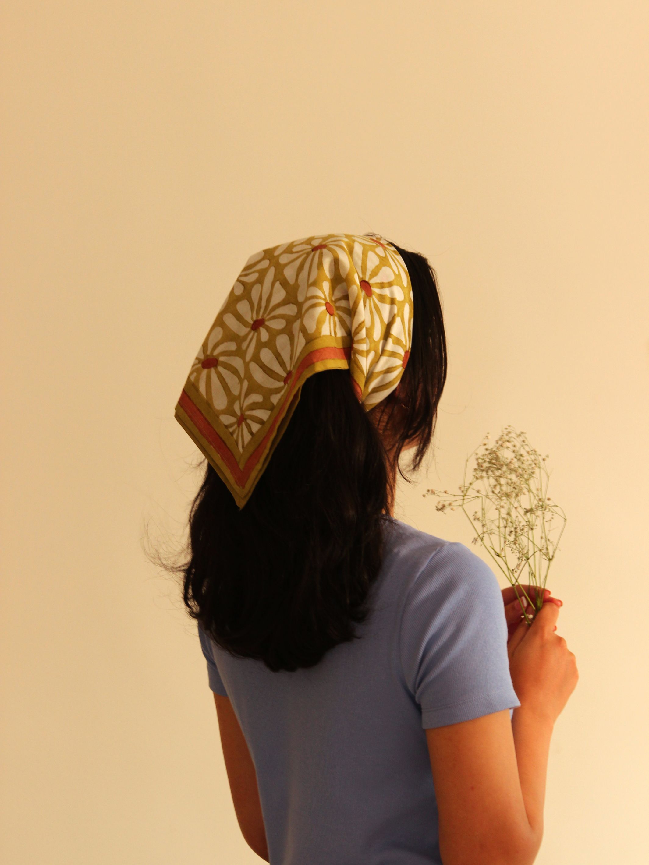 Cotton Square Scarf - Geometric Flowers