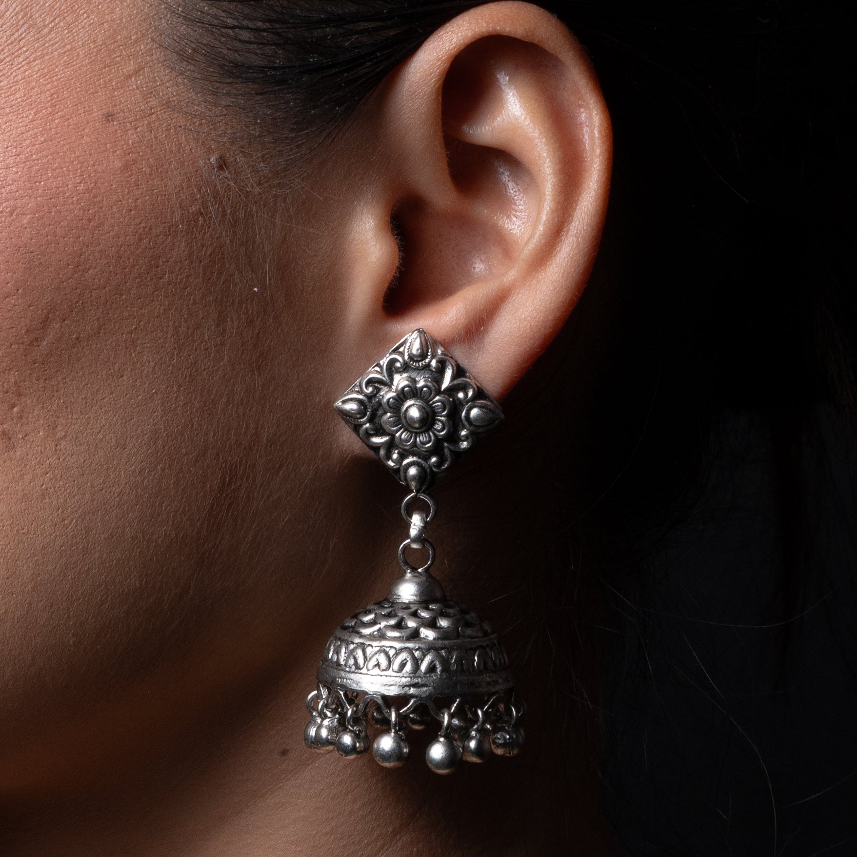 Heer Silver Jhumki Earrings