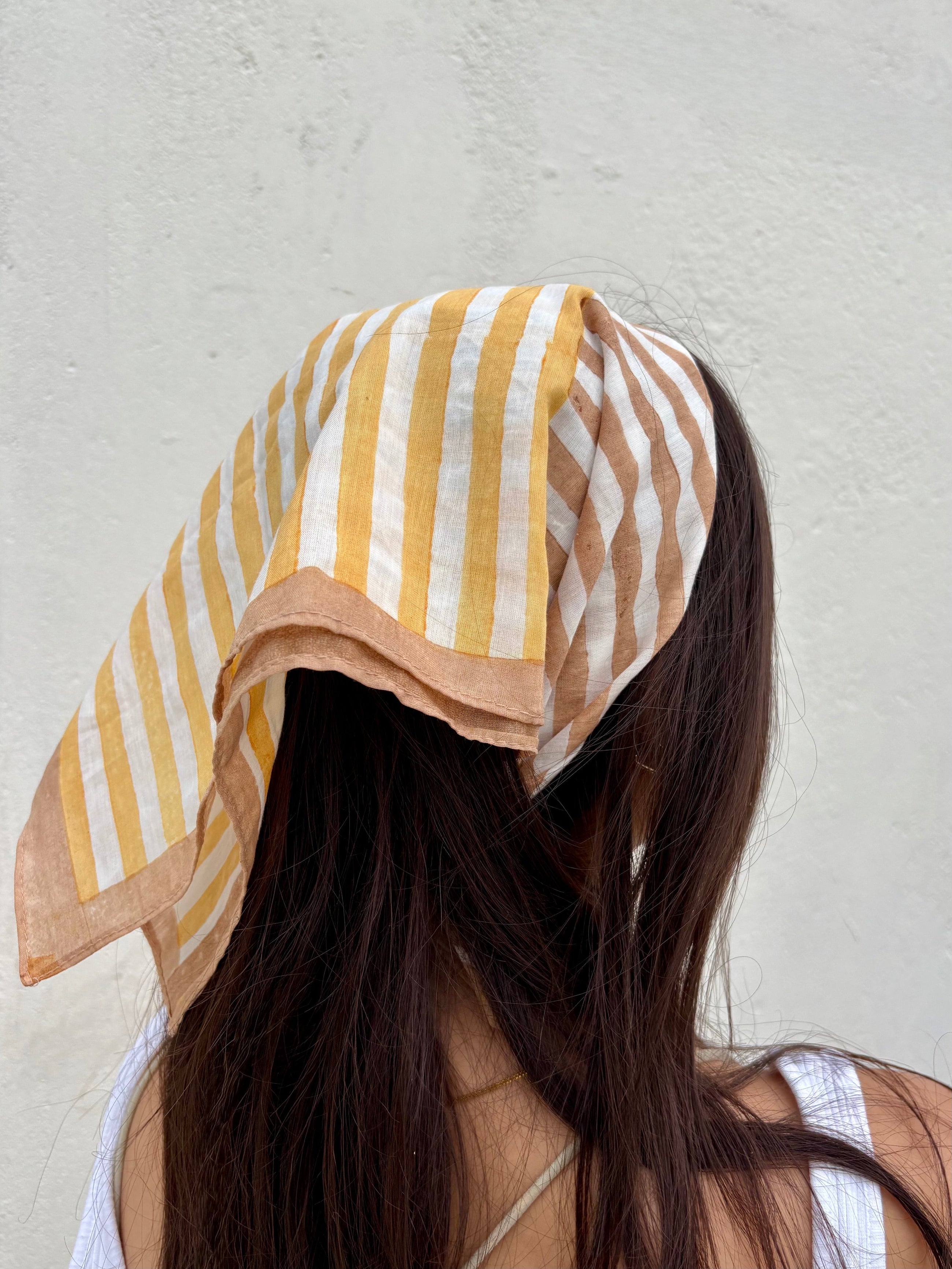 Yellow & Brown Stripes Bandana I Cotton Square Scarf