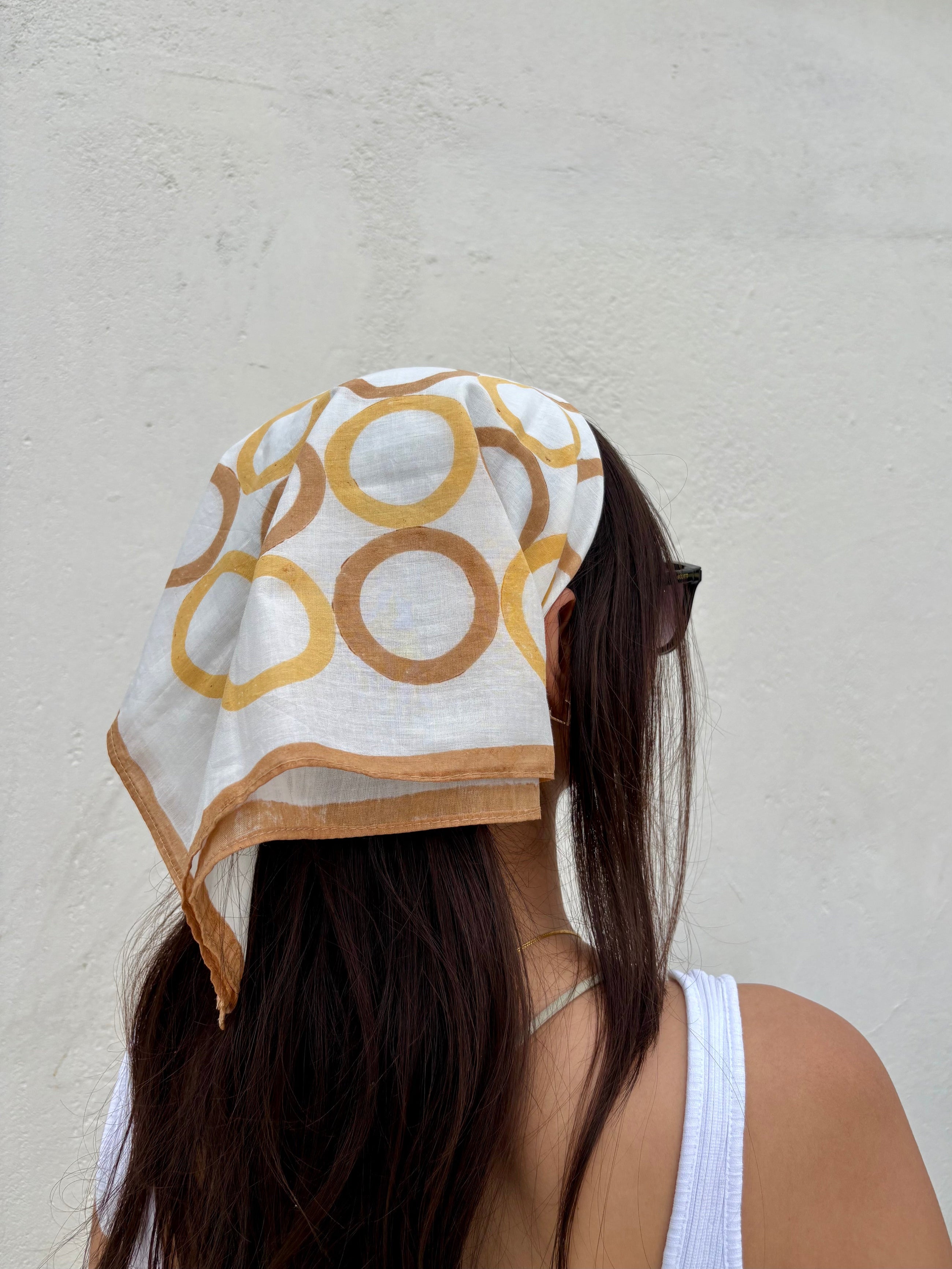 Yellow & Brown Geometric Circles Bandana I Cotton Square Scarf