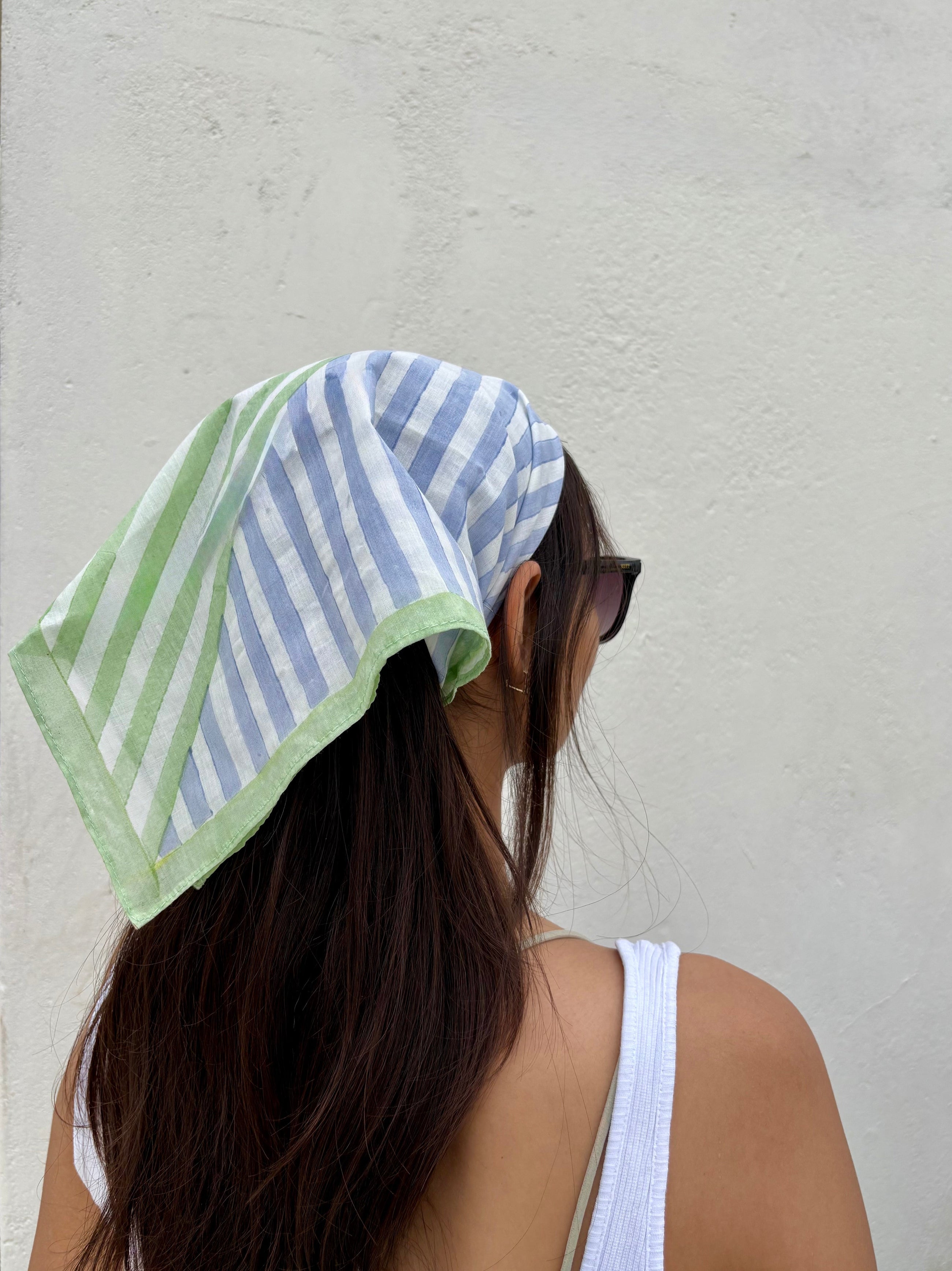 Blue & Green Stripes Bandana I Cotton Square Scarf