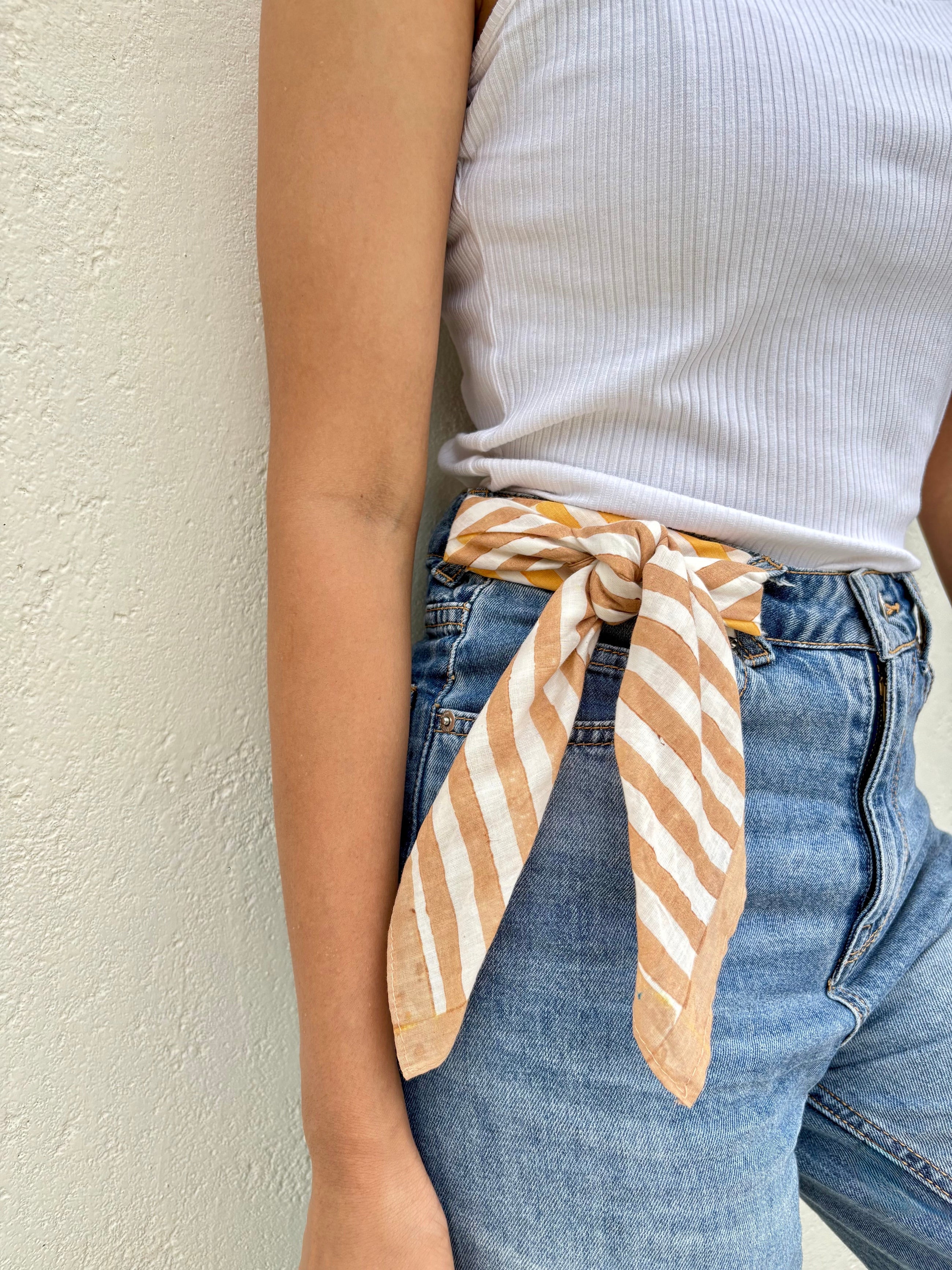 Yellow & Brown Stripes Bandana I Cotton Square Scarf