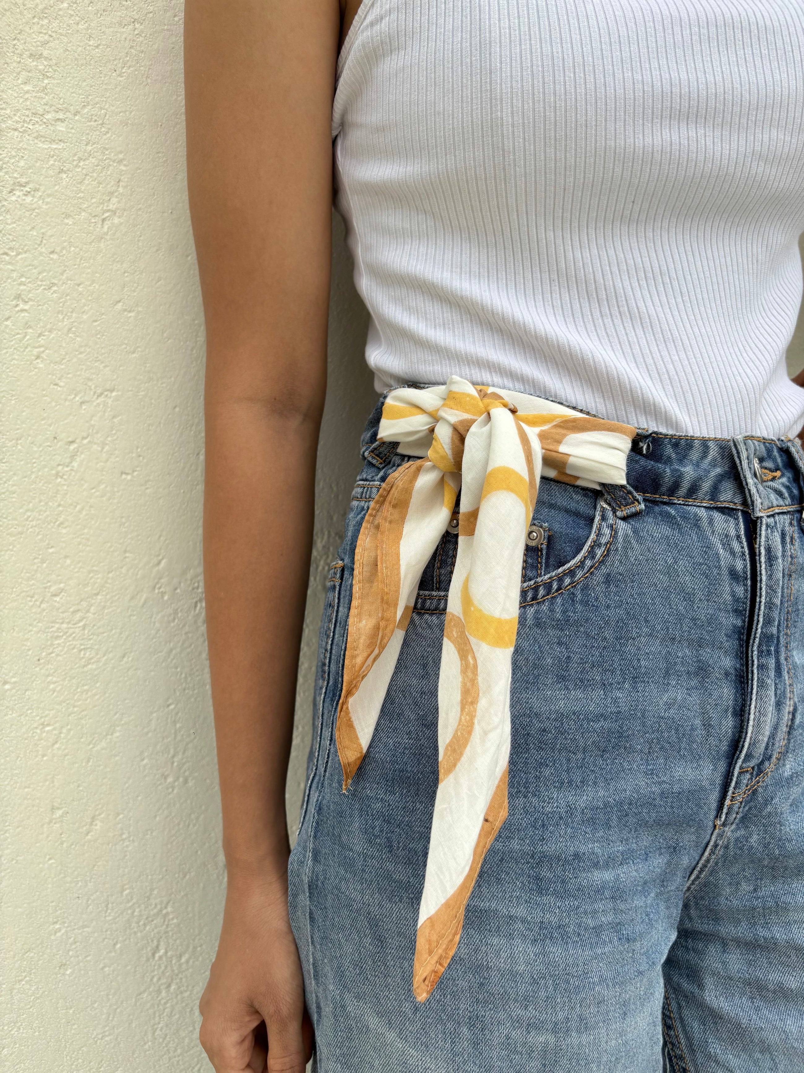 Yellow & Brown Geometric Circles Bandana I Cotton Square Scarf