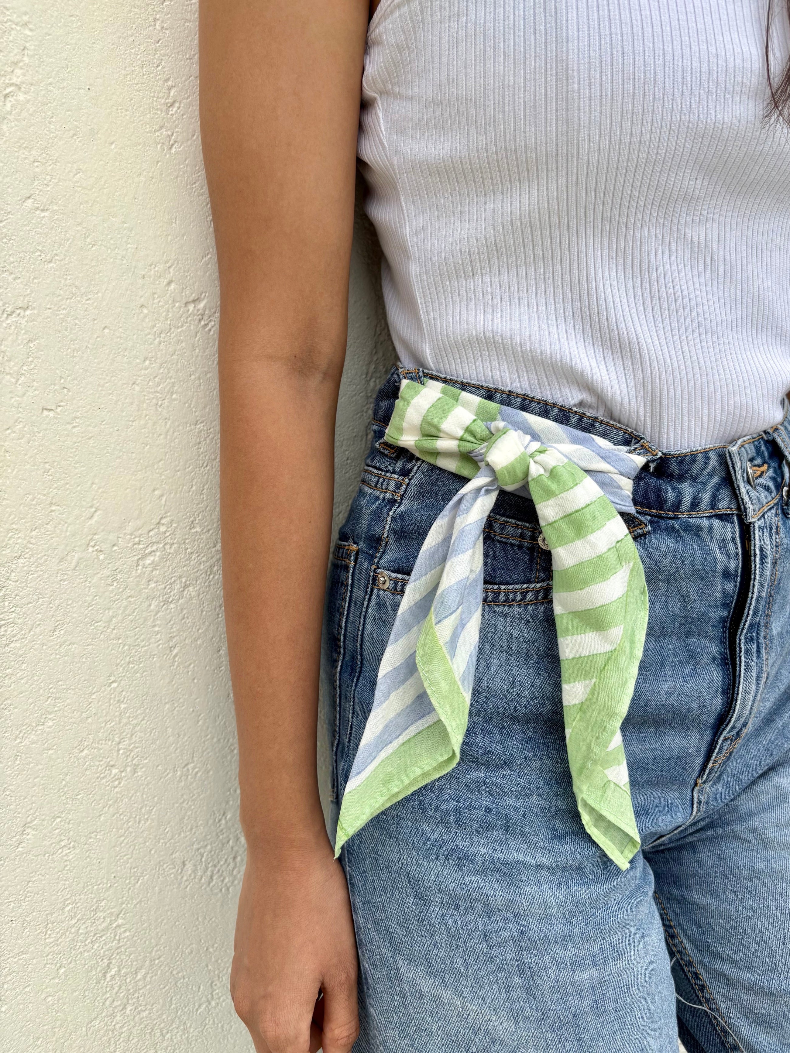 Blue & Green Stripes Bandana I Cotton Square Scarf