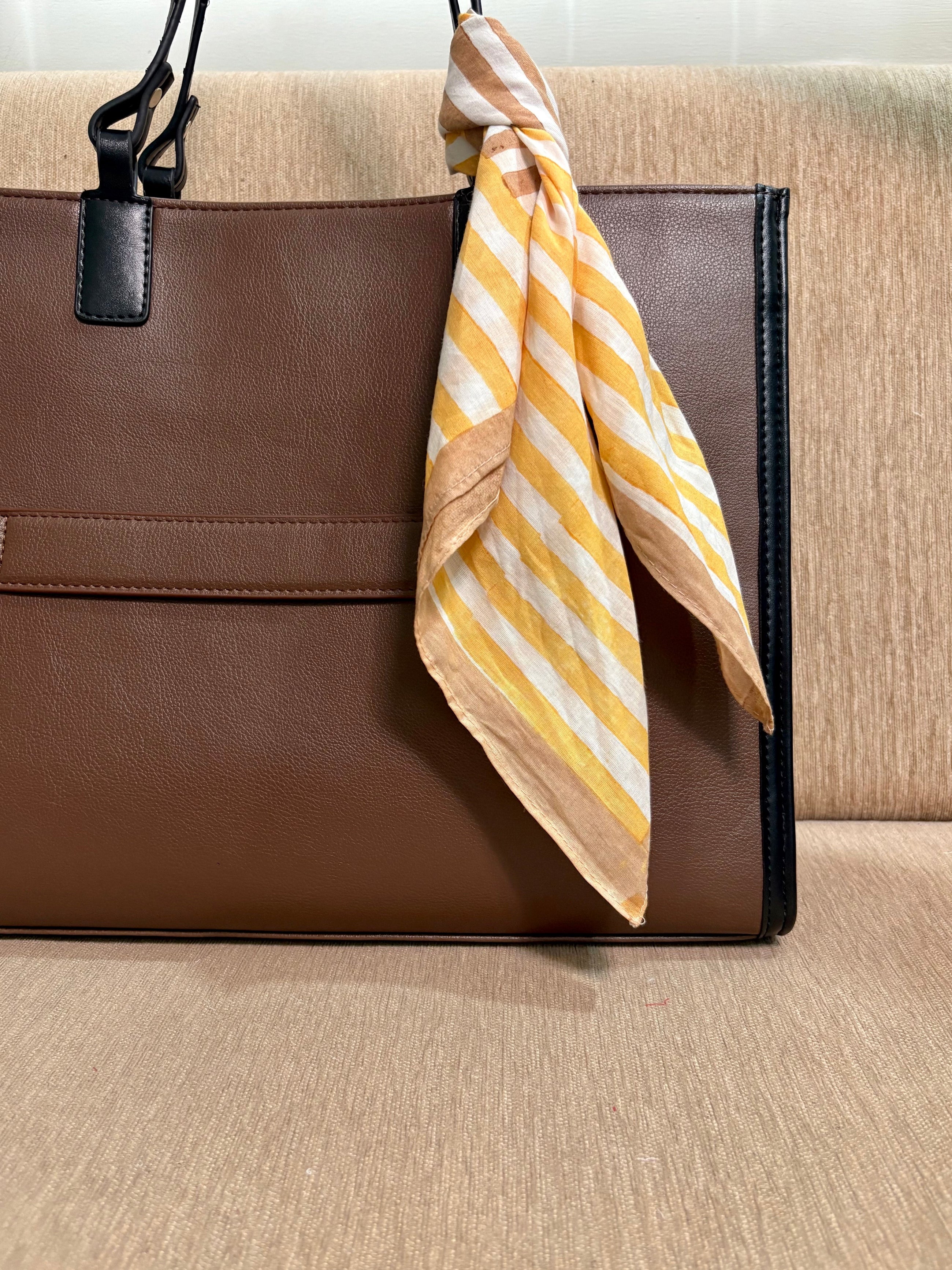 Yellow & Brown Stripes Bandana I Cotton Square Scarf