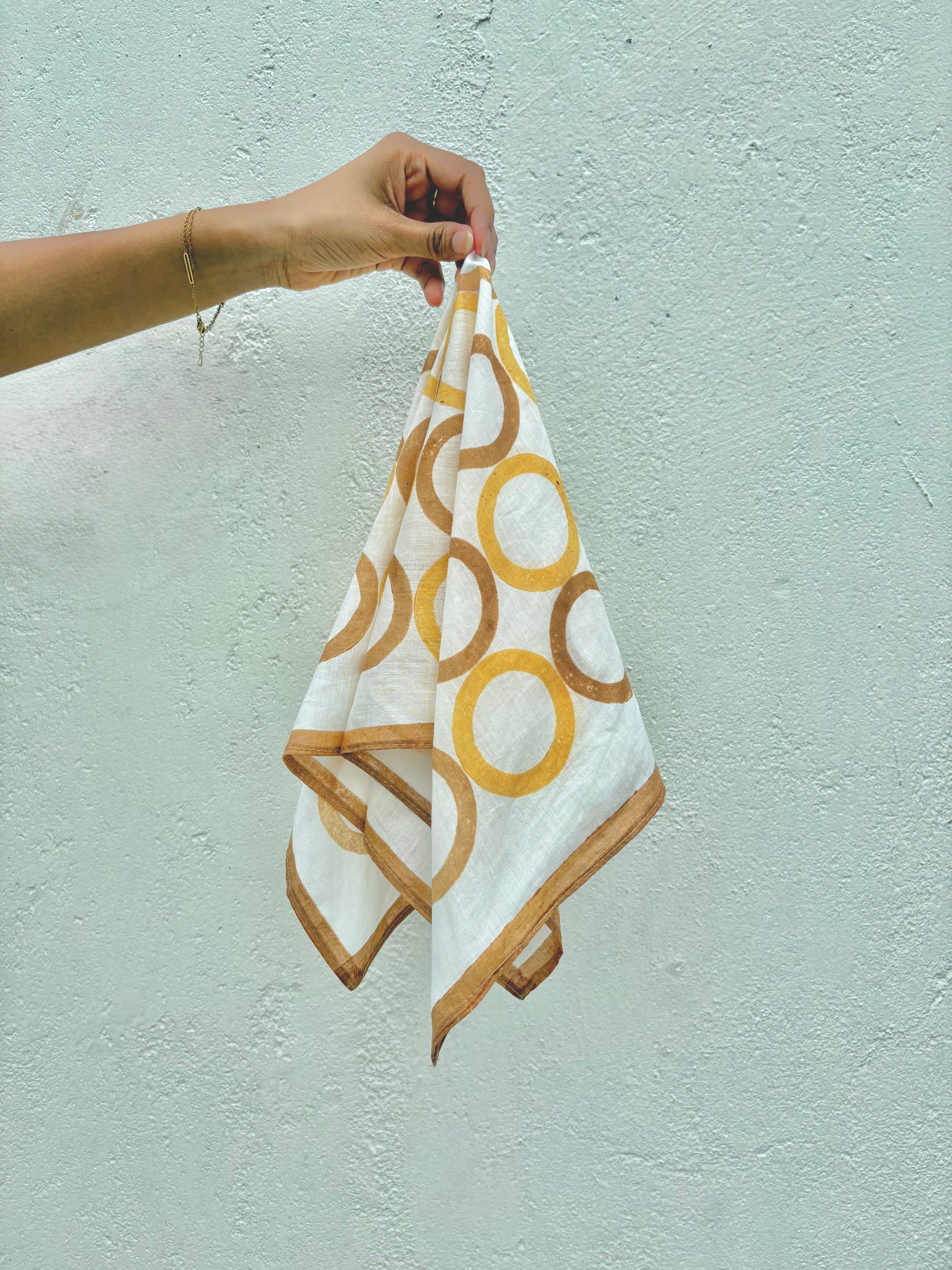 Yellow & Brown Geometric Circles Bandana I Cotton Square Scarf