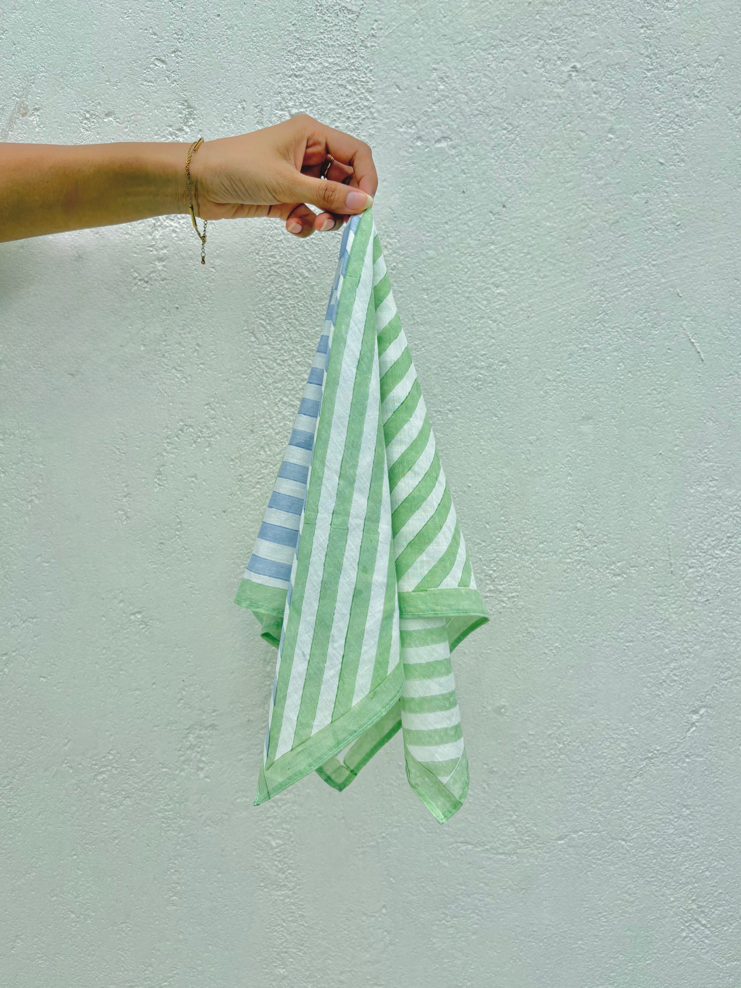 Blue & Green Stripes Bandana I Cotton Square Scarf