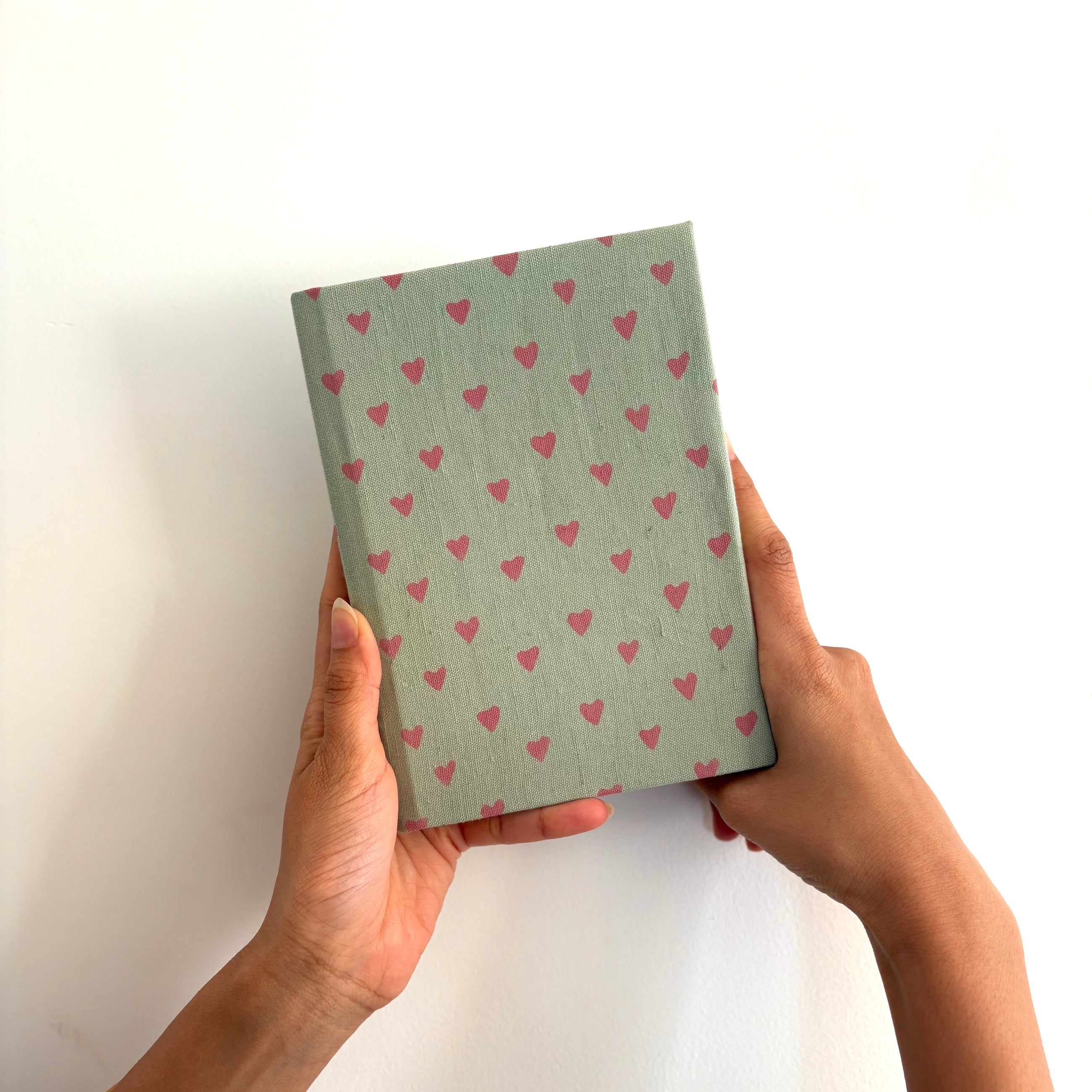 Handcrafted Sustainable A5 Diary Journal Notebook l Handmade Paper l Pink Hearts on Green