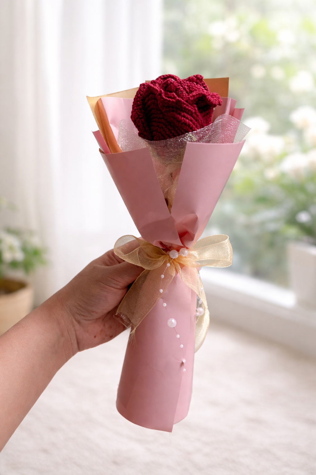 Crochet Maroon Rose Bouquet