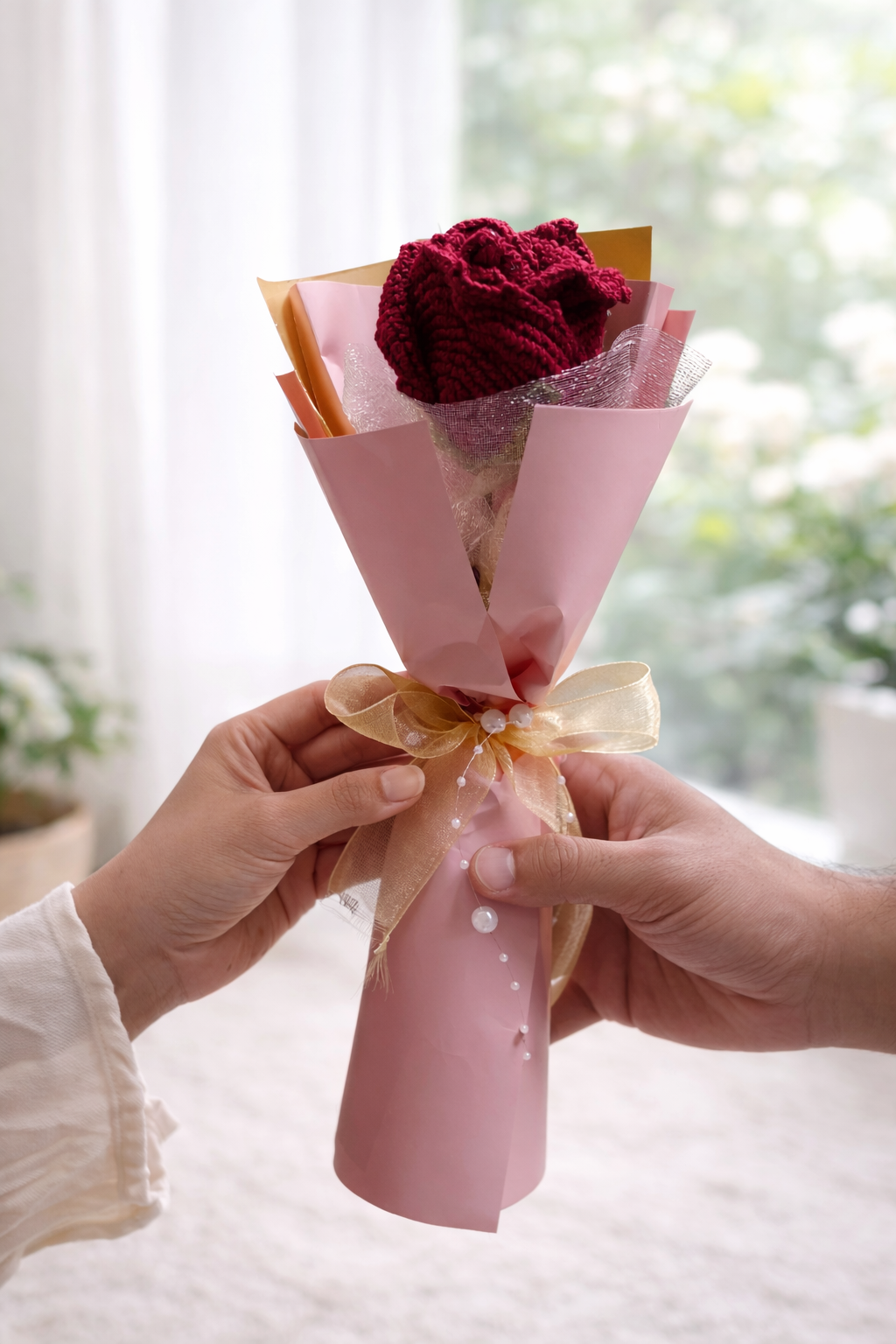 Crochet Maroon Rose Bouquet