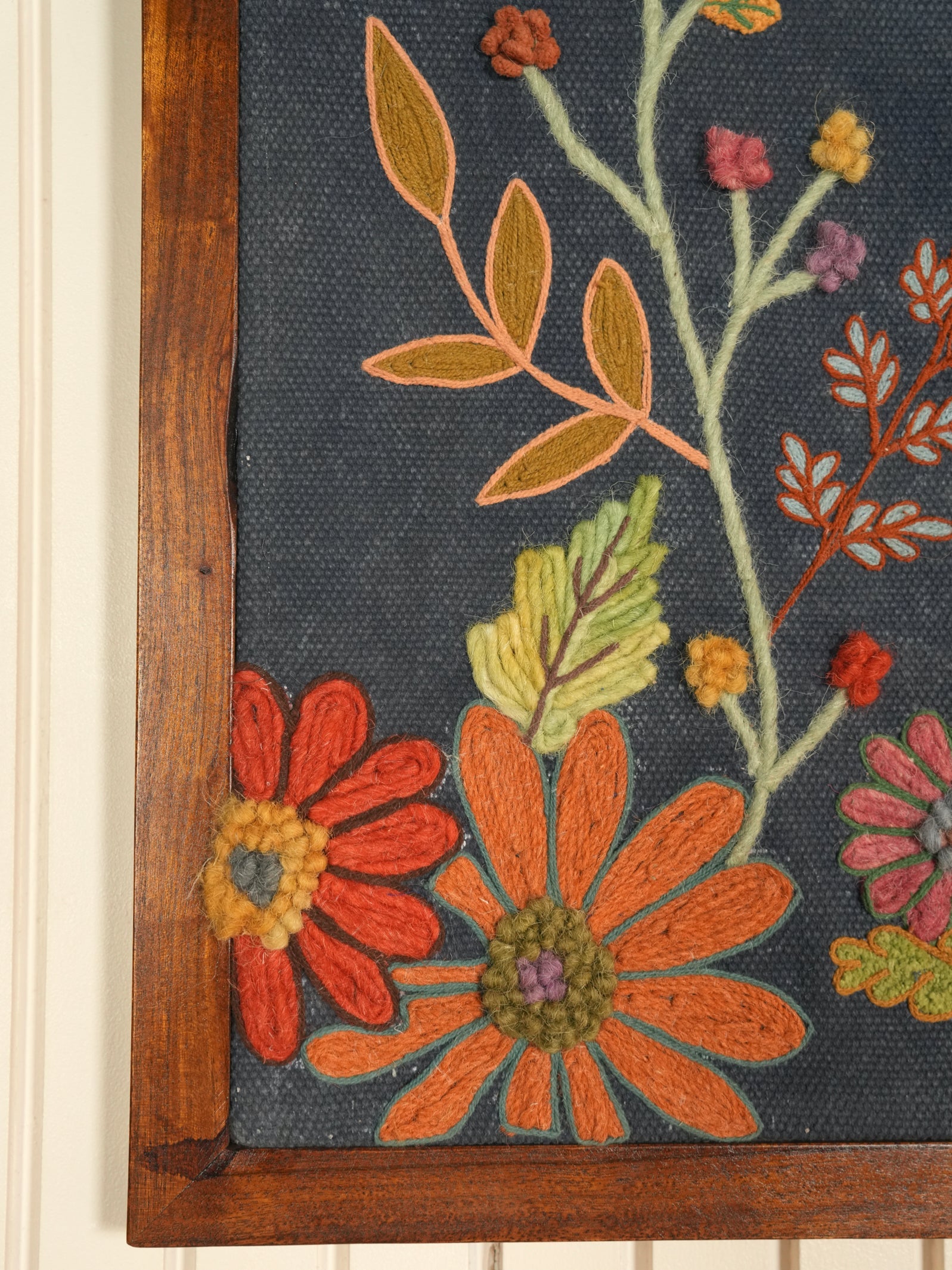 Blue Floral Embroidered Wall Frame – Acacia Wood (70 x 100 cm)