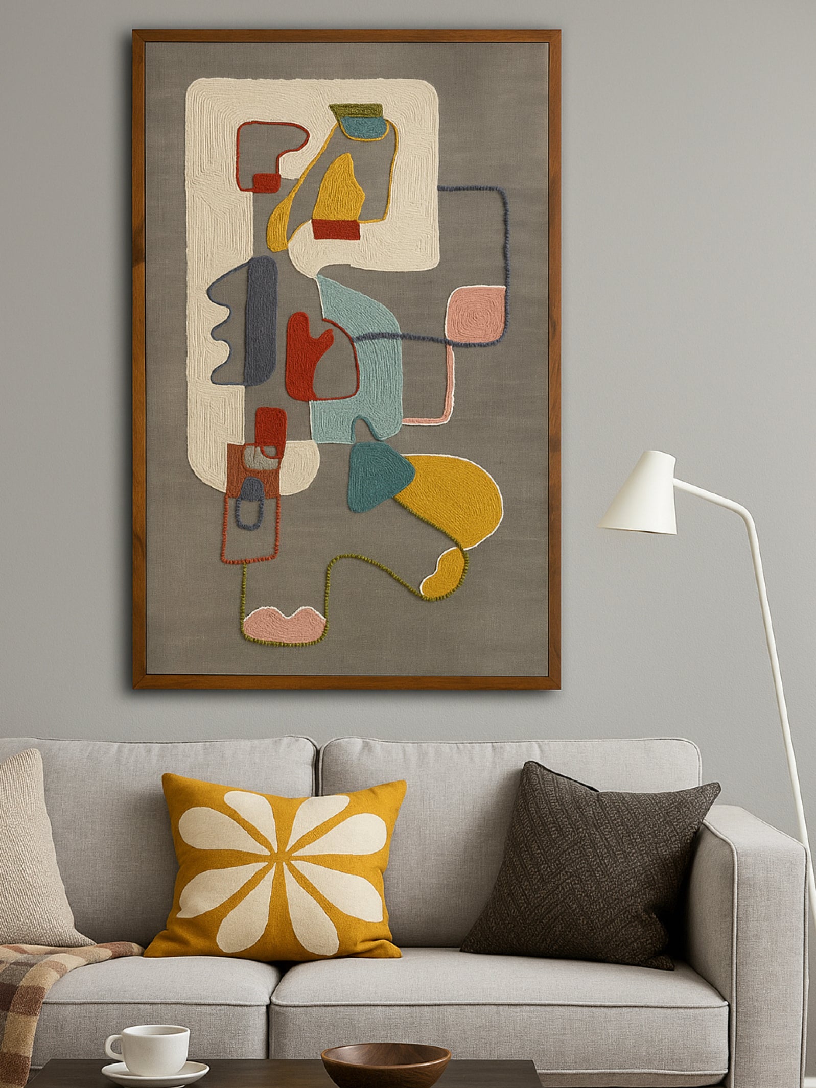 Abstract Embroidered Wall Frame – Acacia Wood (120 x 180 cm)