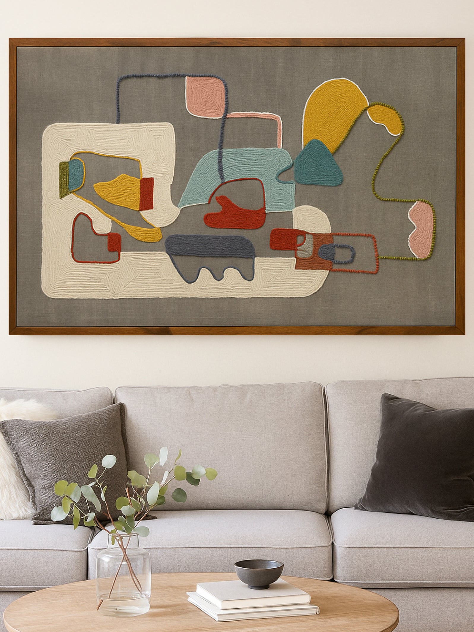 Abstract Embroidered Wall Frame – Acacia Wood (120 x 180 cm)