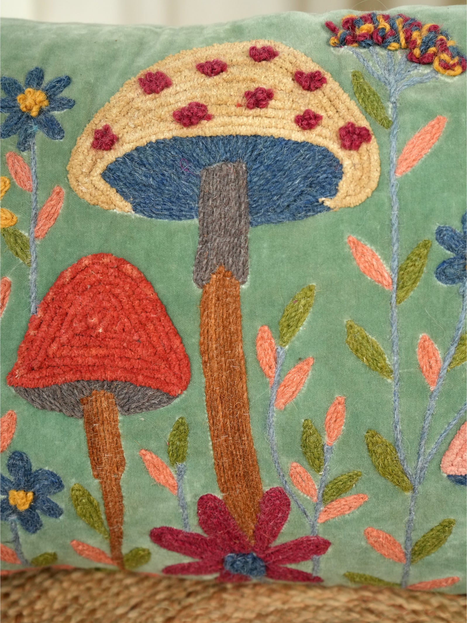 Forest Fungi & Floral Embroidered Cushion