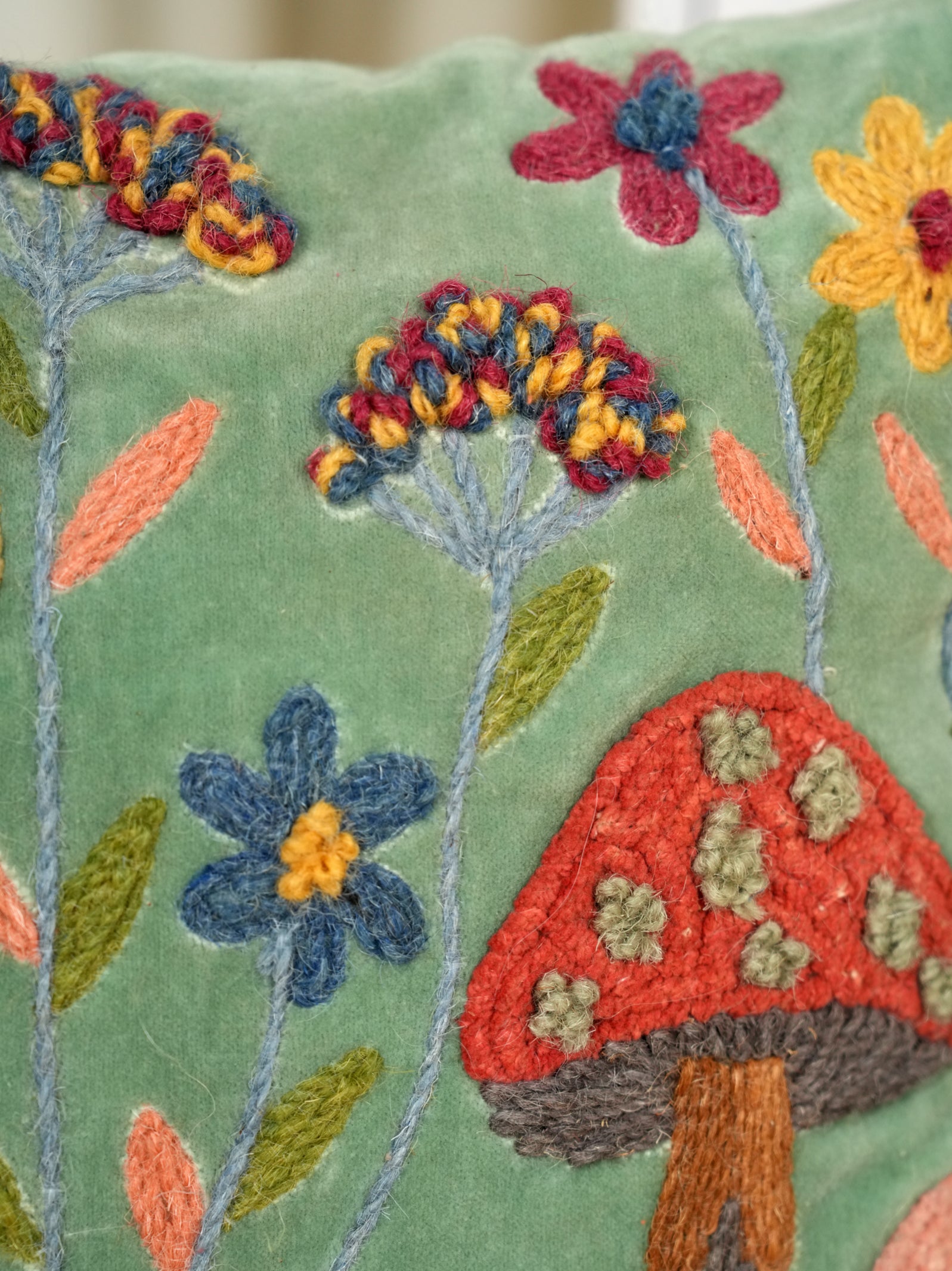 Forest Fungi & Floral Embroidered Cushion