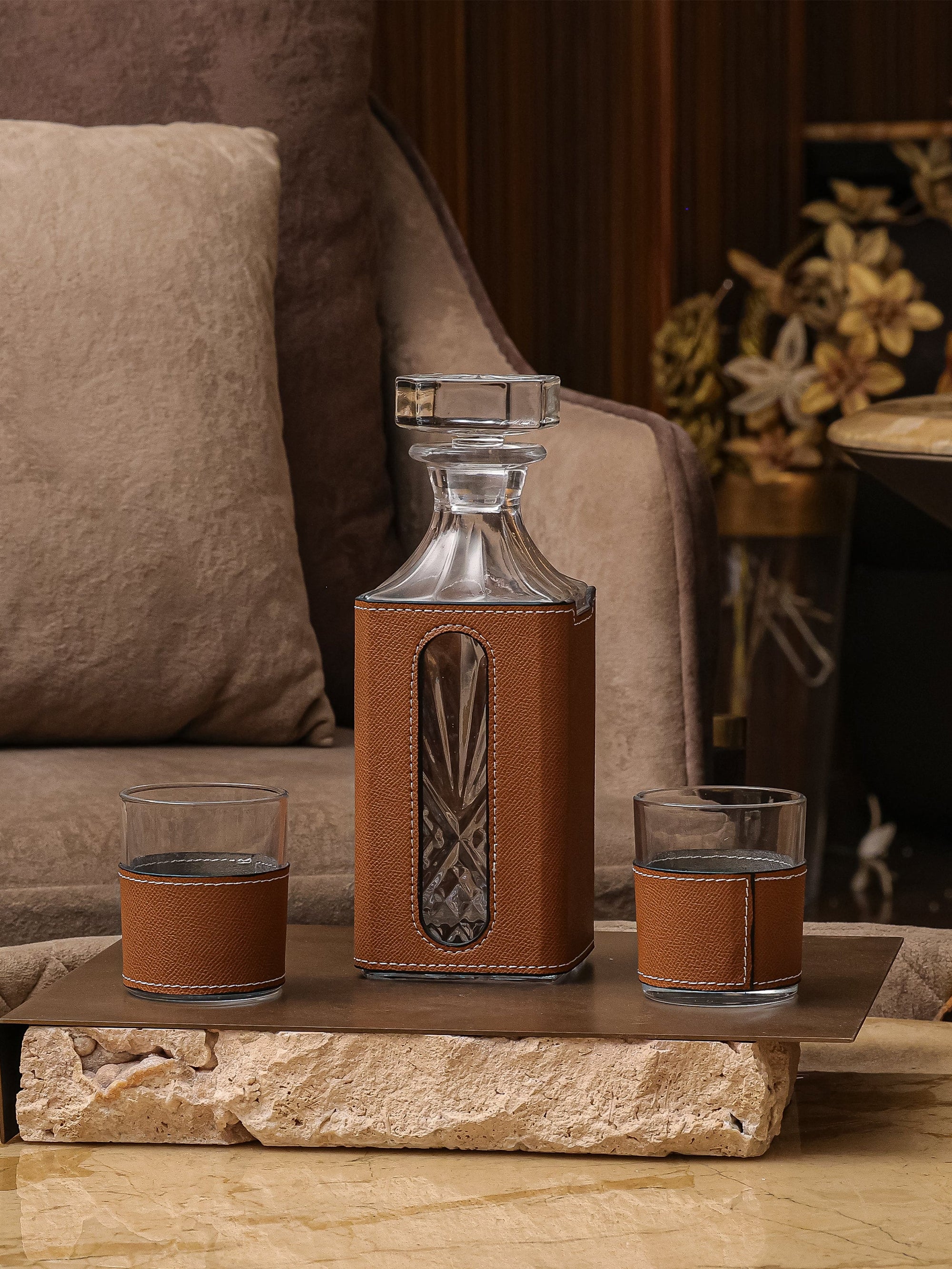 Leather Decanter Set - Brown