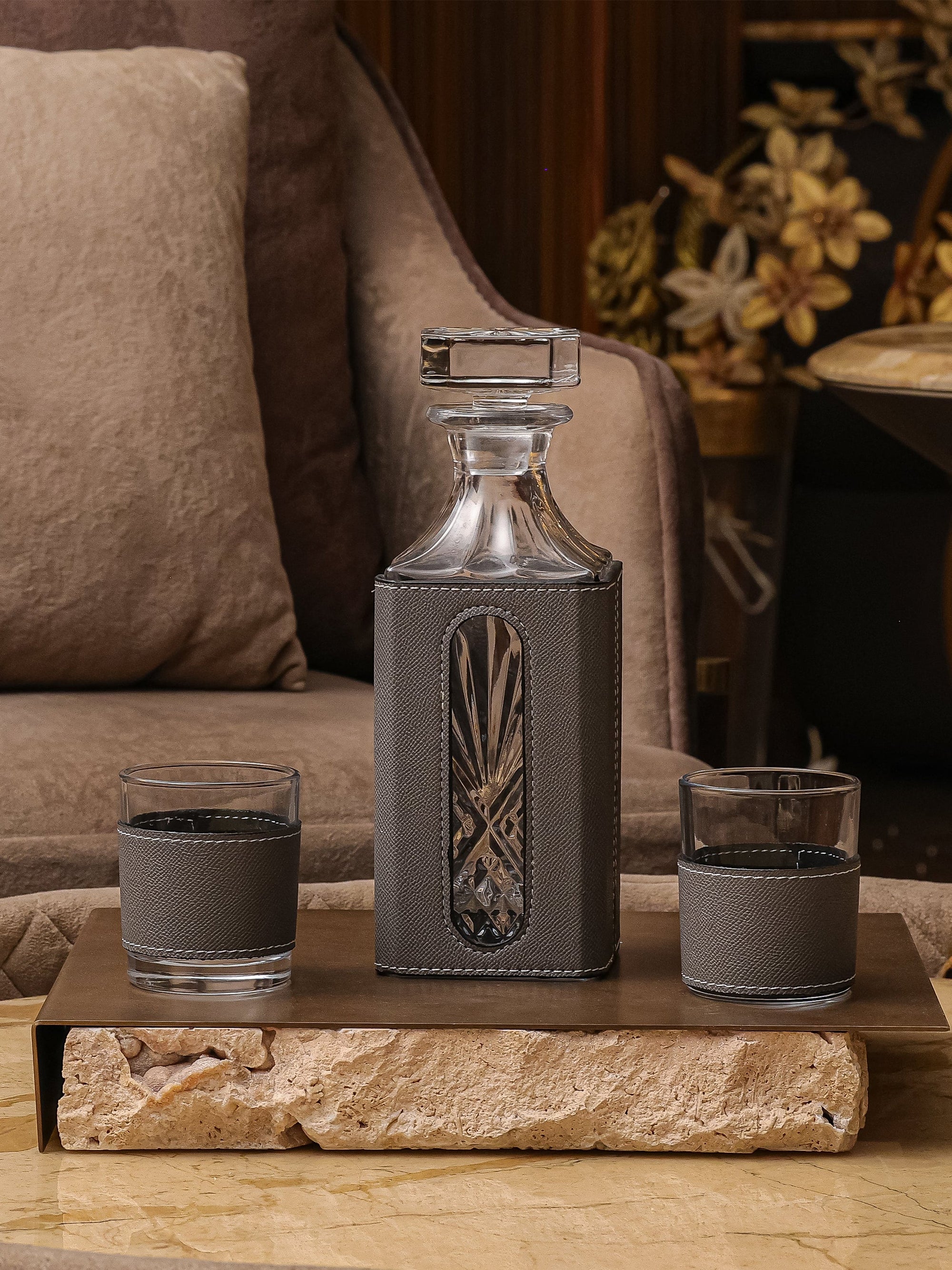 Leather Decanter Set - Grey