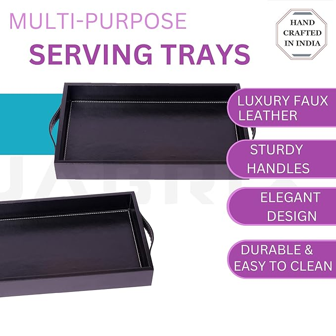 Vegan Leather Rectangular Serving Tray with Handles-Black