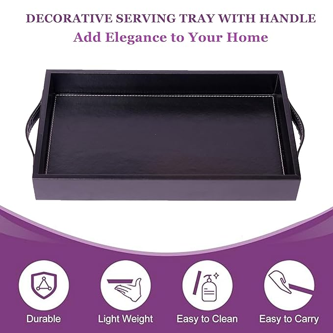 Vegan Leather Rectangular Serving Tray with Handles-Black