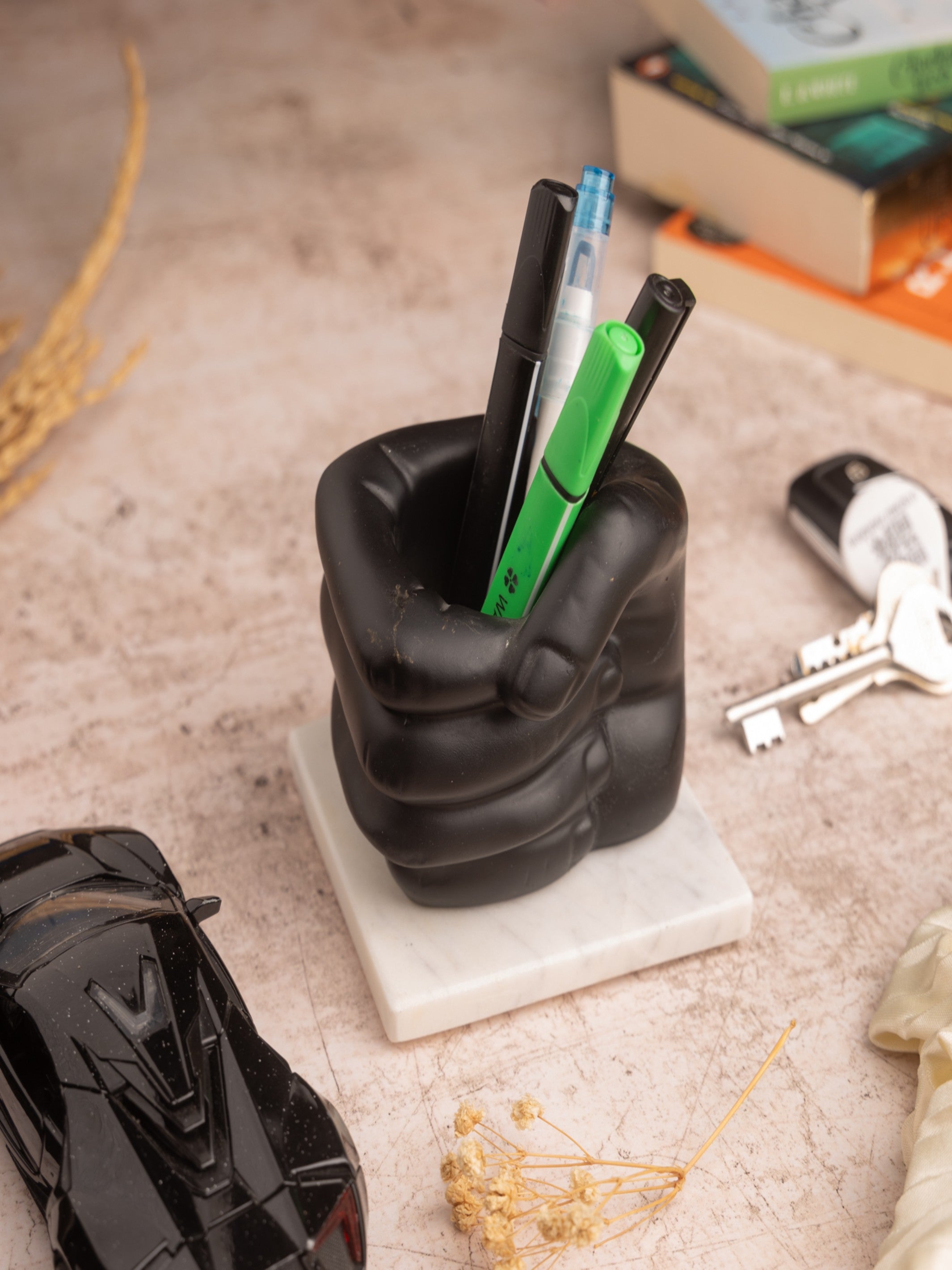 Fist Design Pen Stand with Marble Base – Stylish Desk Organizer for Office & Home Décor – Unique Stationery Holder