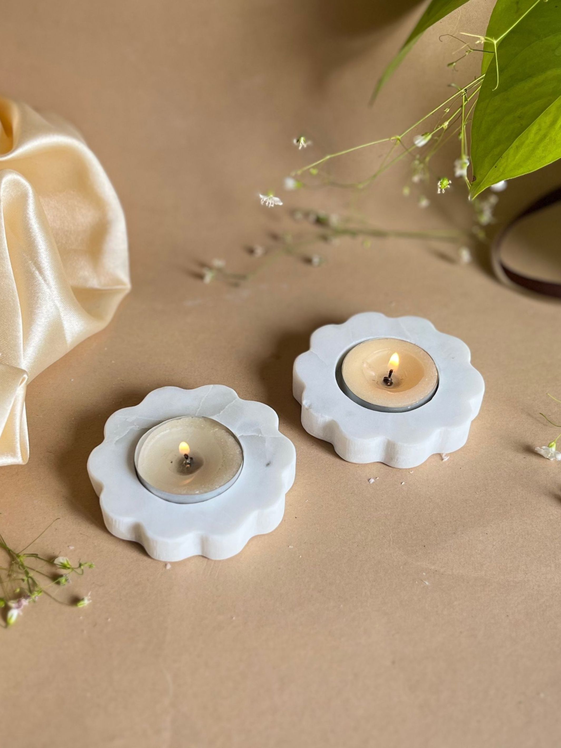 Marble Tea Light Candle Holder - Floral set of 2