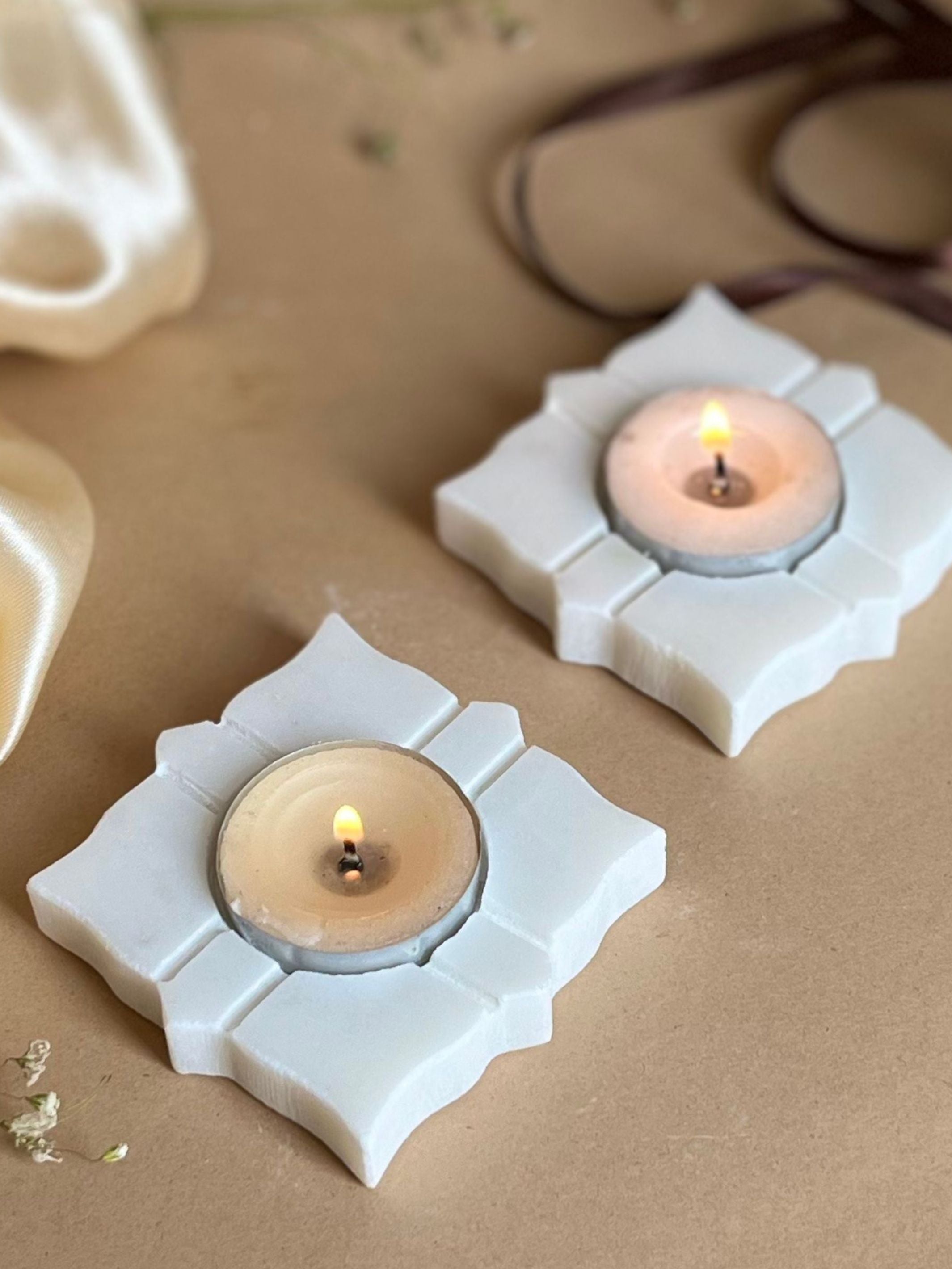 Marble Tea Light Candle Holder - Line Leaf set of 2