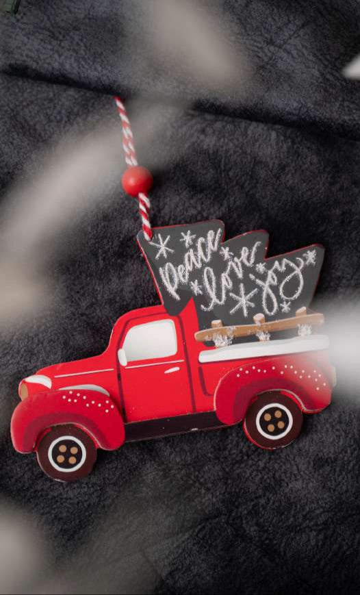 Red Truck Christmas Hanging Ornament with Peace Love Joy Trees_CC119