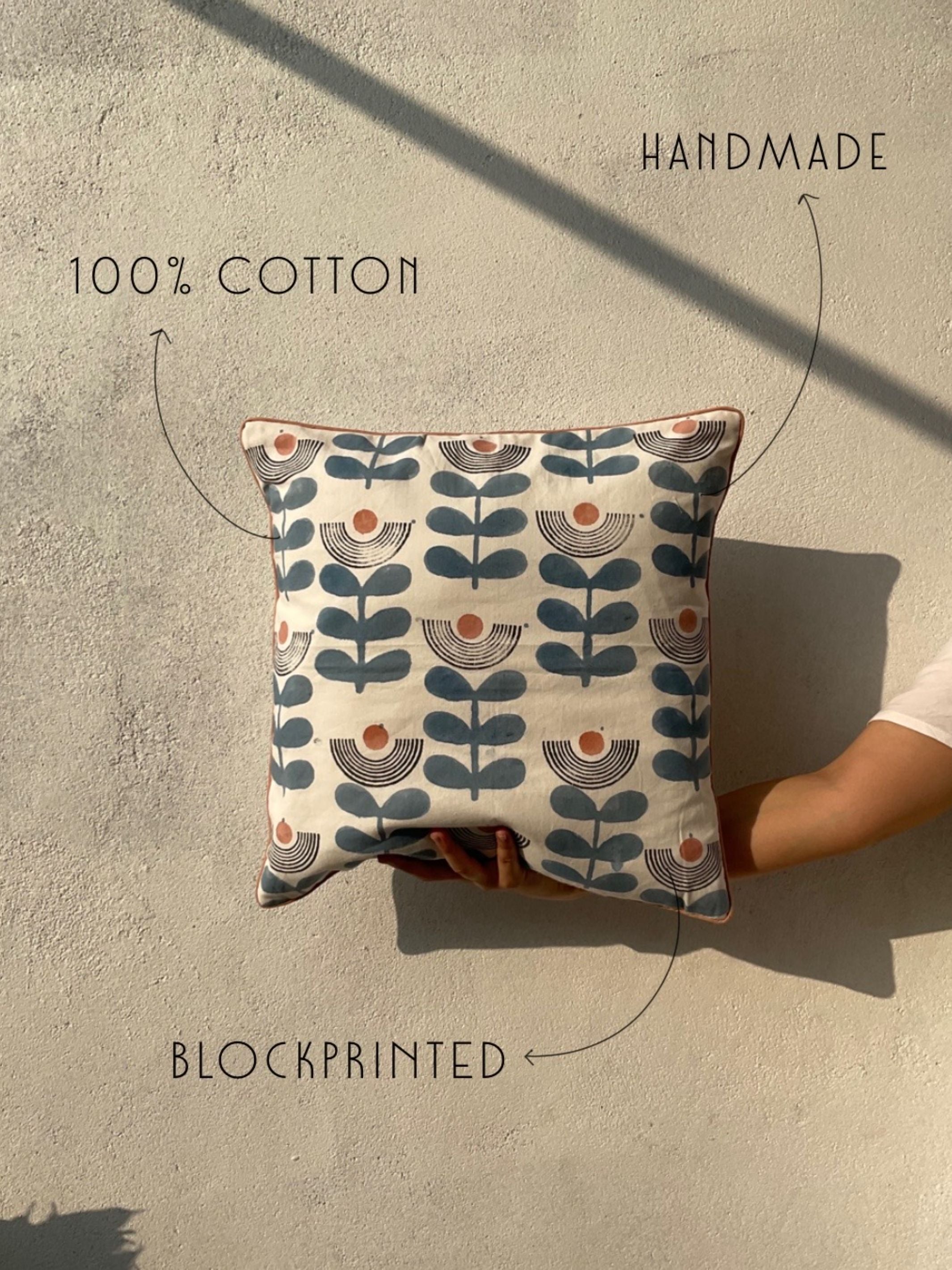 Cotton Block Printed Cushion Cover - Mid-modern Floral