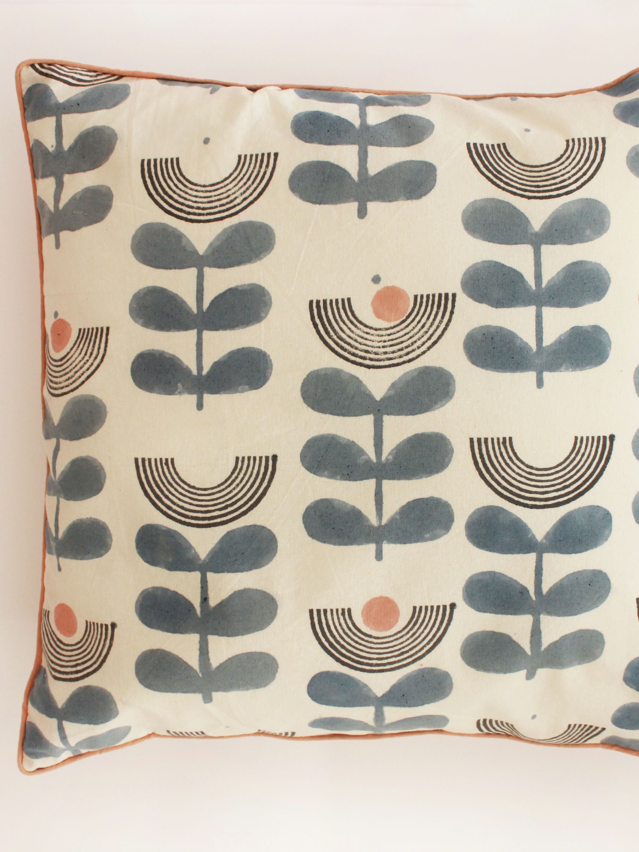 Cotton Block Printed Cushion Cover - Mid-modern Floral