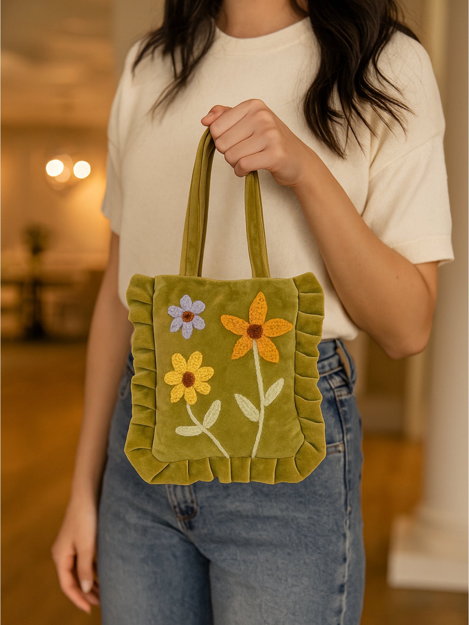 Olive Bloom Velvet Mini Tote