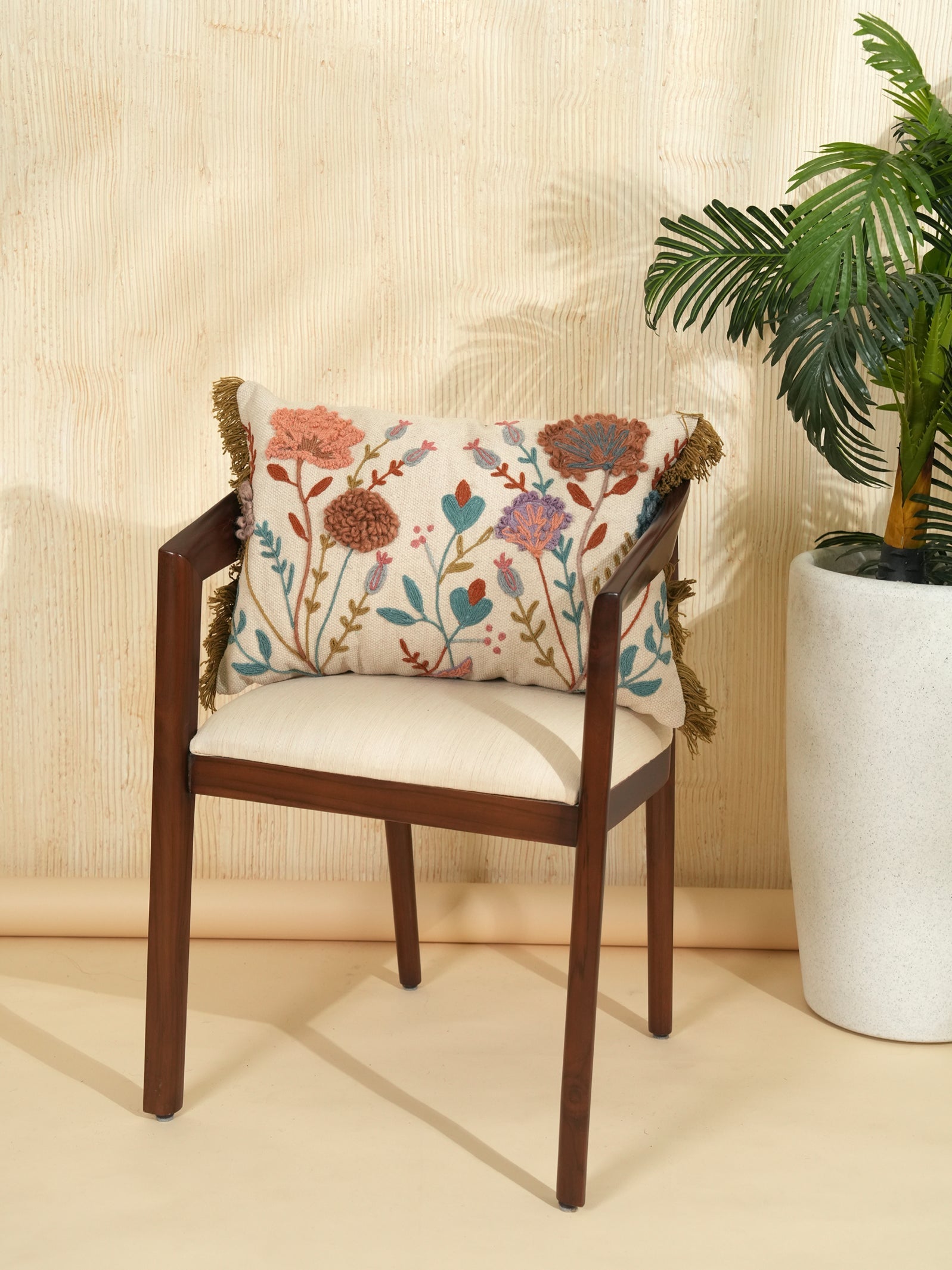 Boho Botanical Embroidered Pillow Cover