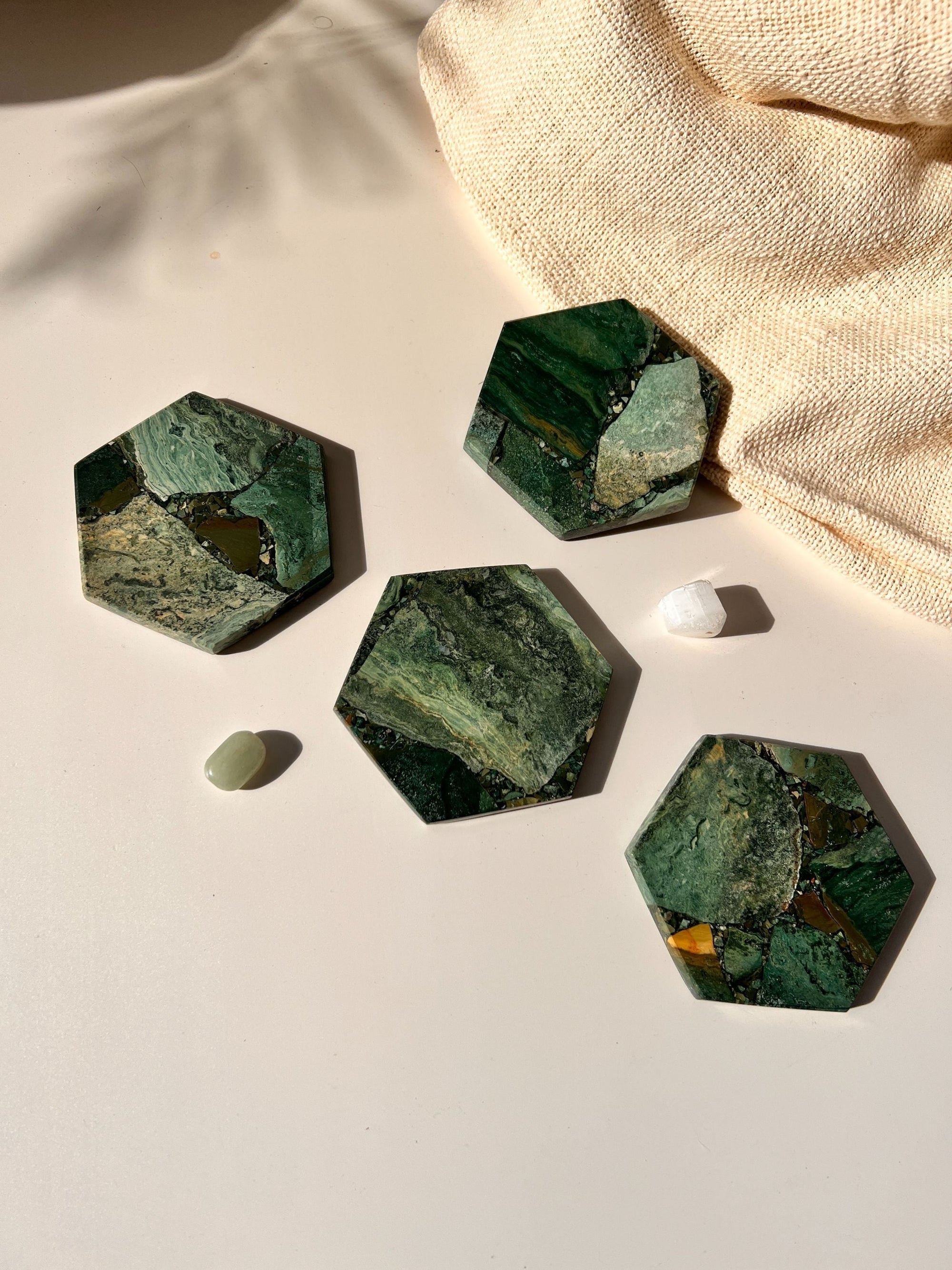 Moss Agate Hexagon Coaster Set of 4