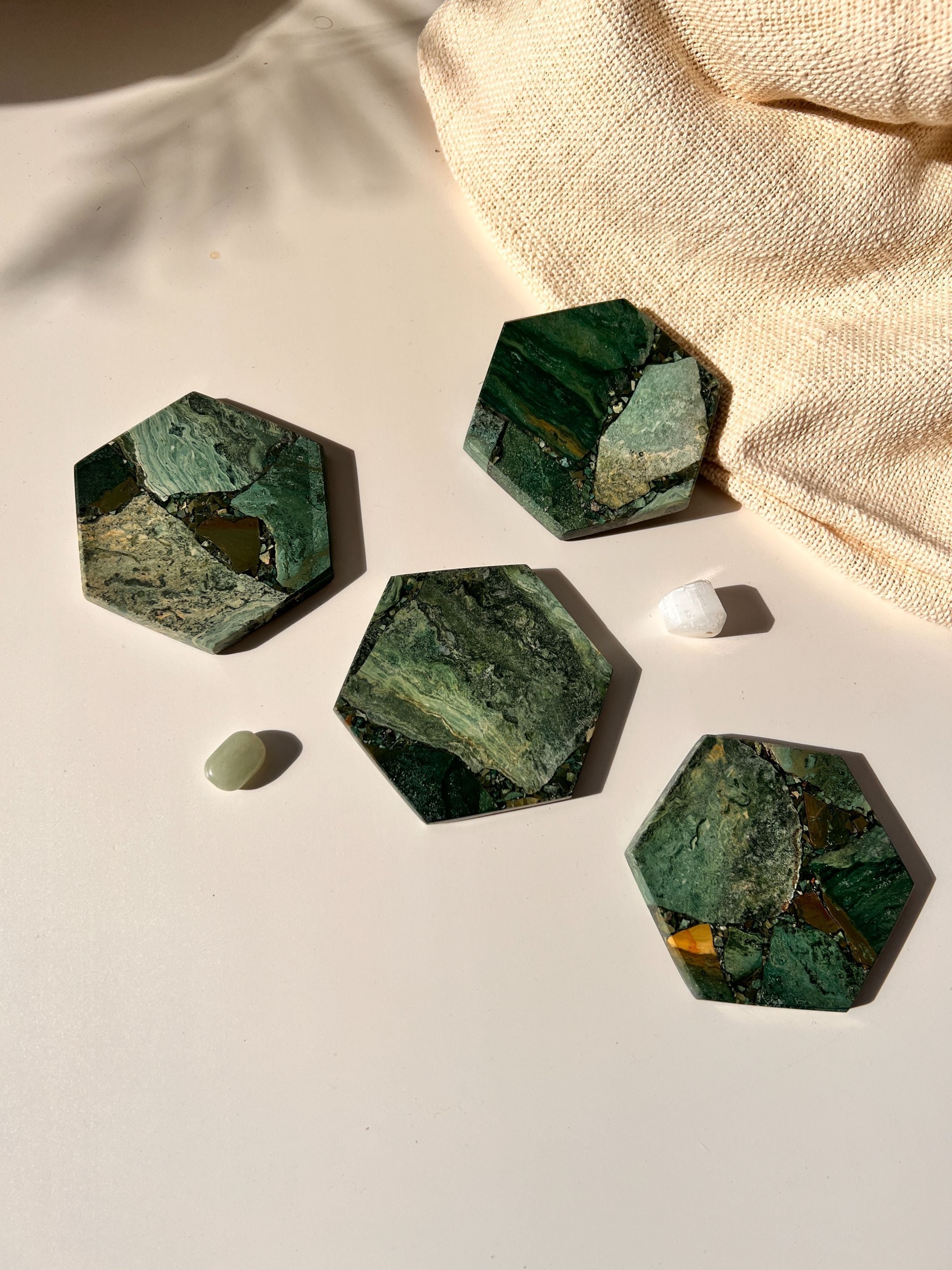 Moss Agate Hexagon Coaster Set of 4