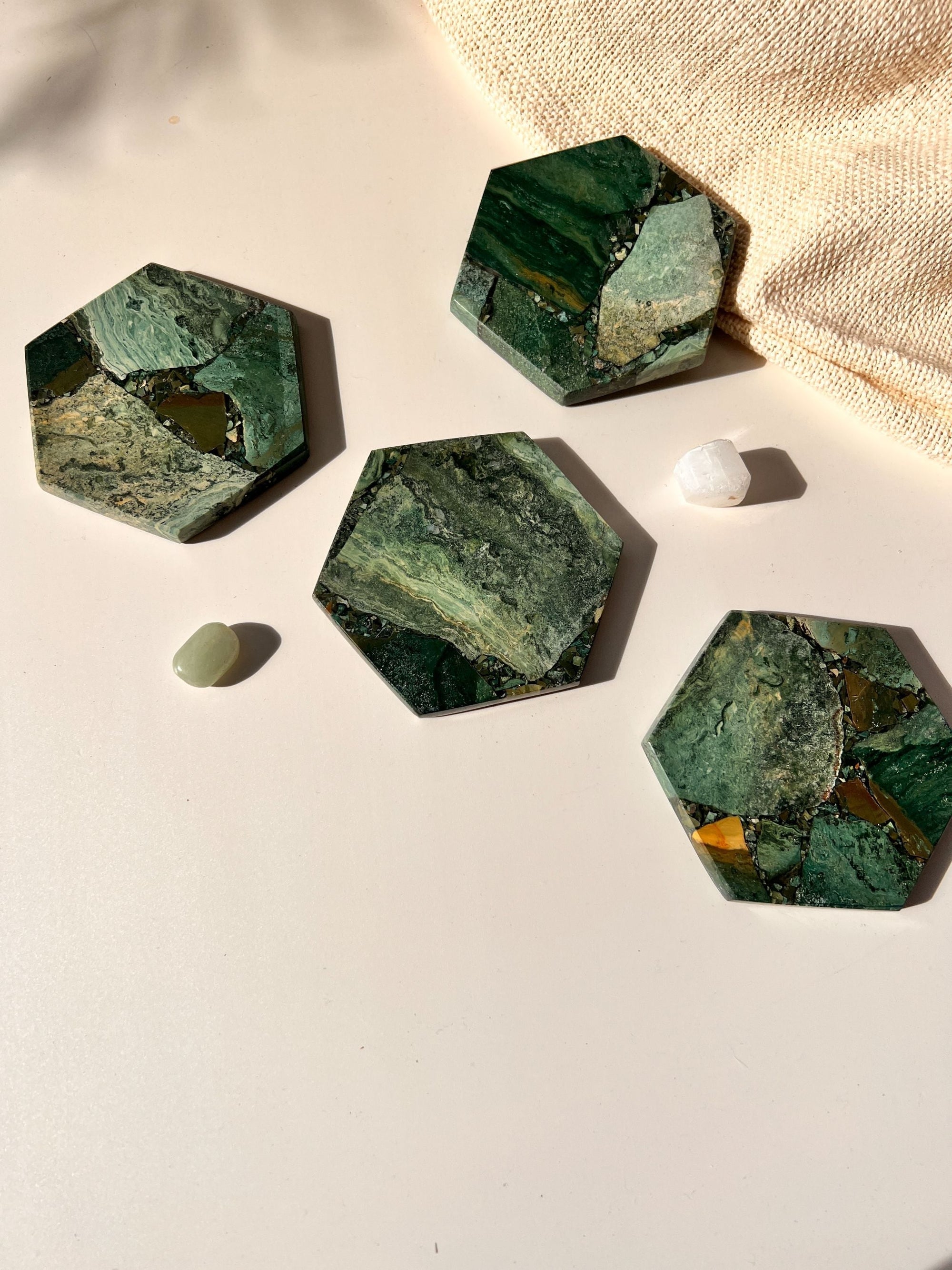 Moss Agate Hexagon Coaster Set of 4